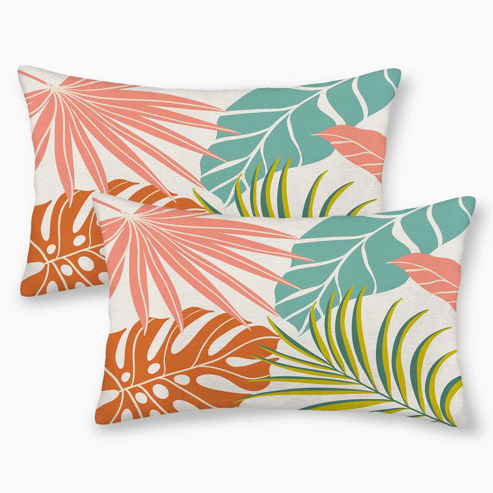 Golianda Summer Tropical Pillow Covers 12X20 Set Of 2, Monstera Palm Leaf Pillowcase Green Orange Botanical Coral Summer Throw P