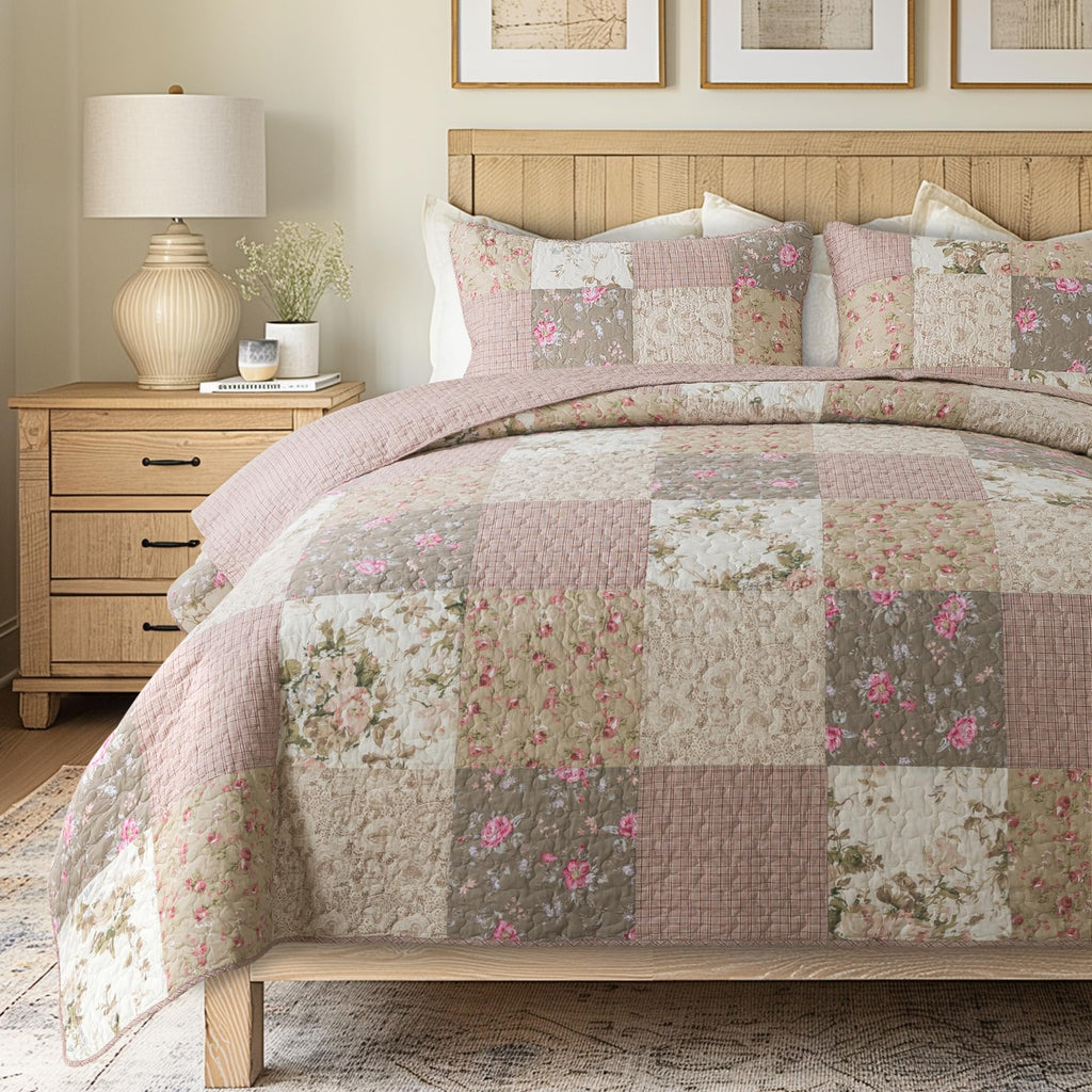 SLPR Secret Garden Quilt Set King Pink Floral Cotton Farmhouse Bedding 2 Shams