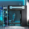 GDFStudio Full Size Wood Loft Bed with Desk, Open Wardrobe, Storage Shelves, USB Charging Station, Power Outlet and RGB LED Ligh