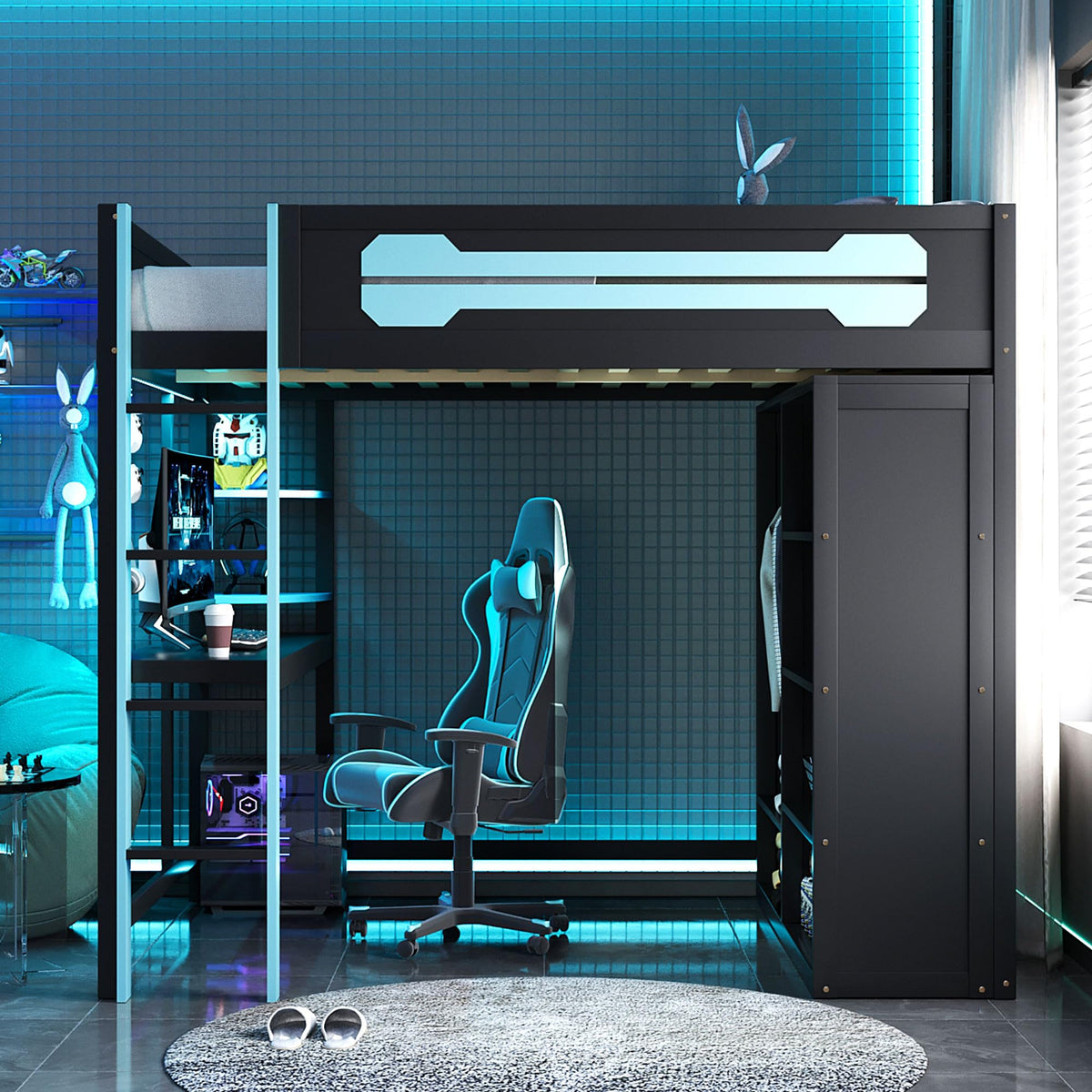 GDFStudio Full Size Wood Loft Bed with Desk, Open Wardrobe, Storage Shelves, USB Charging Station, Power Outlet and RGB LED Ligh