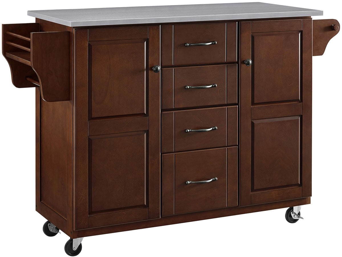 Crosley Furniture Eleanor Stainless Steel Top Rolling Cart Kitchen Island, Spice Rack, Drawers and Shelves, Mahogany