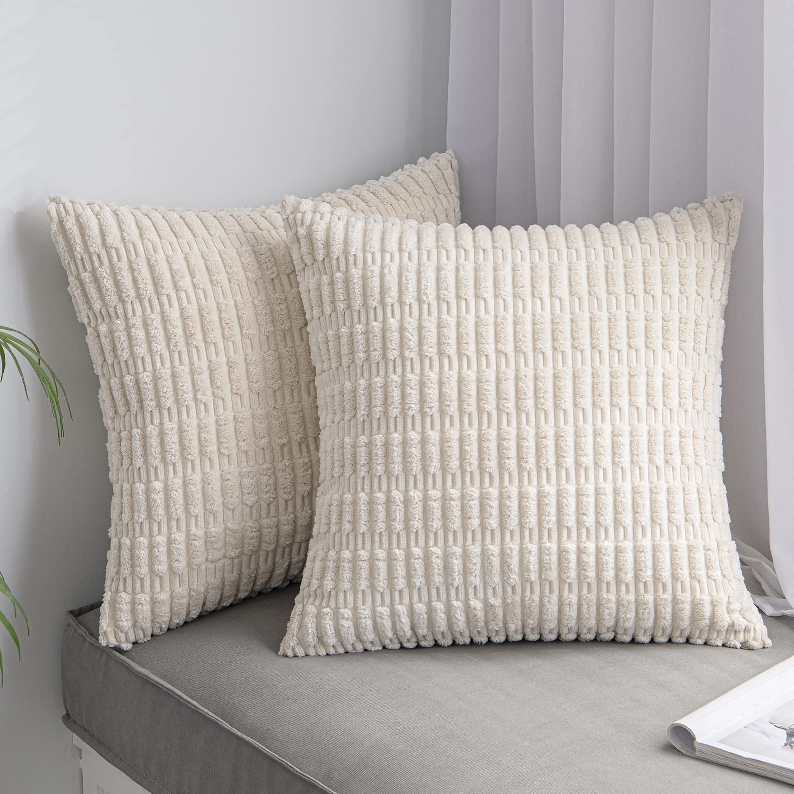 Anroduo Pack Of 2 Cream White Pillow Covers Decorative Throw Pillows 16X16 Inch For Couch Bed Living Room Soft Corduroy Striped