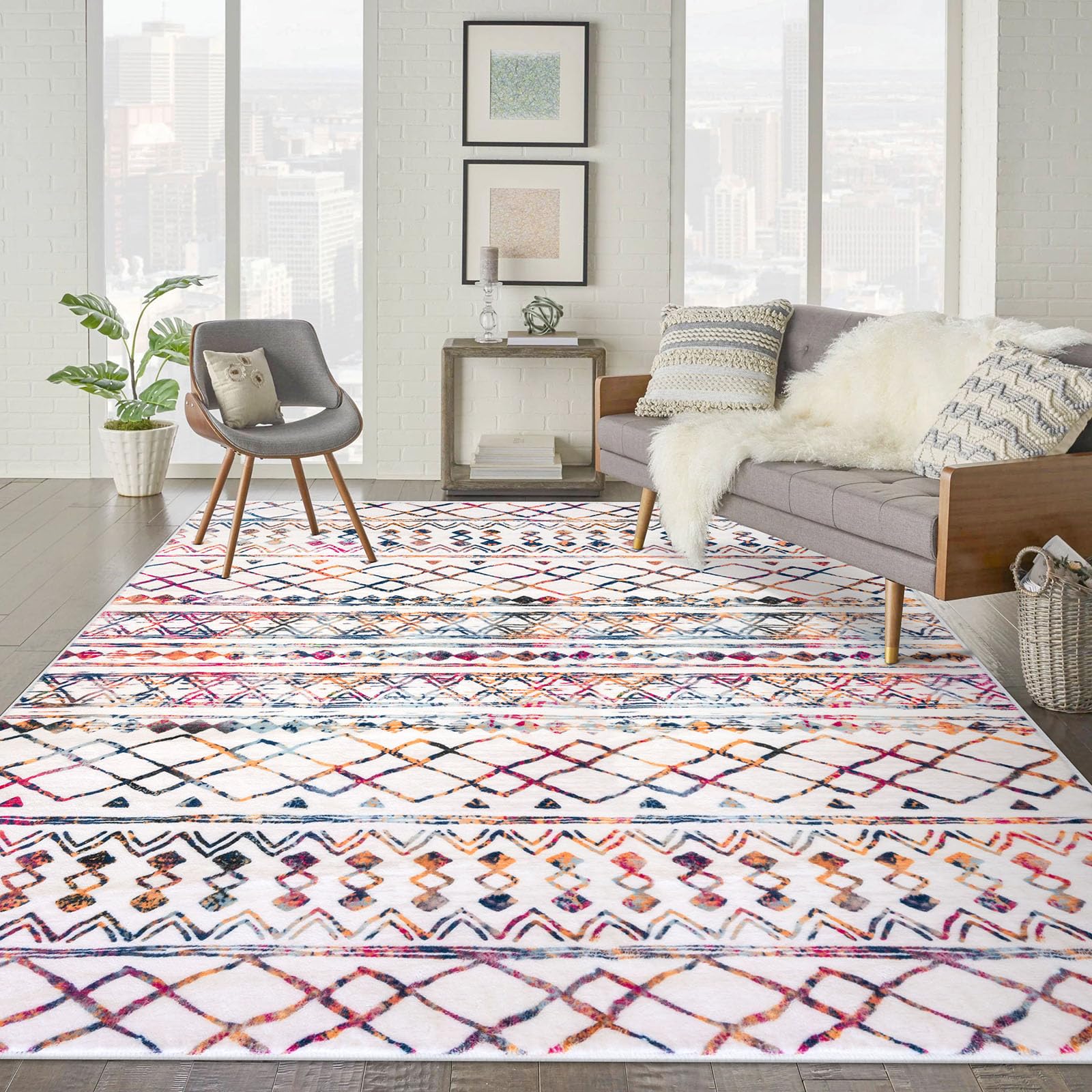 KUTA Multi-Color Boho Living Room Rug 8x10, Moroccan Washable Area Rugs 8x10 Non Slip, Ultra Soft Print Distressed Geometric Ent