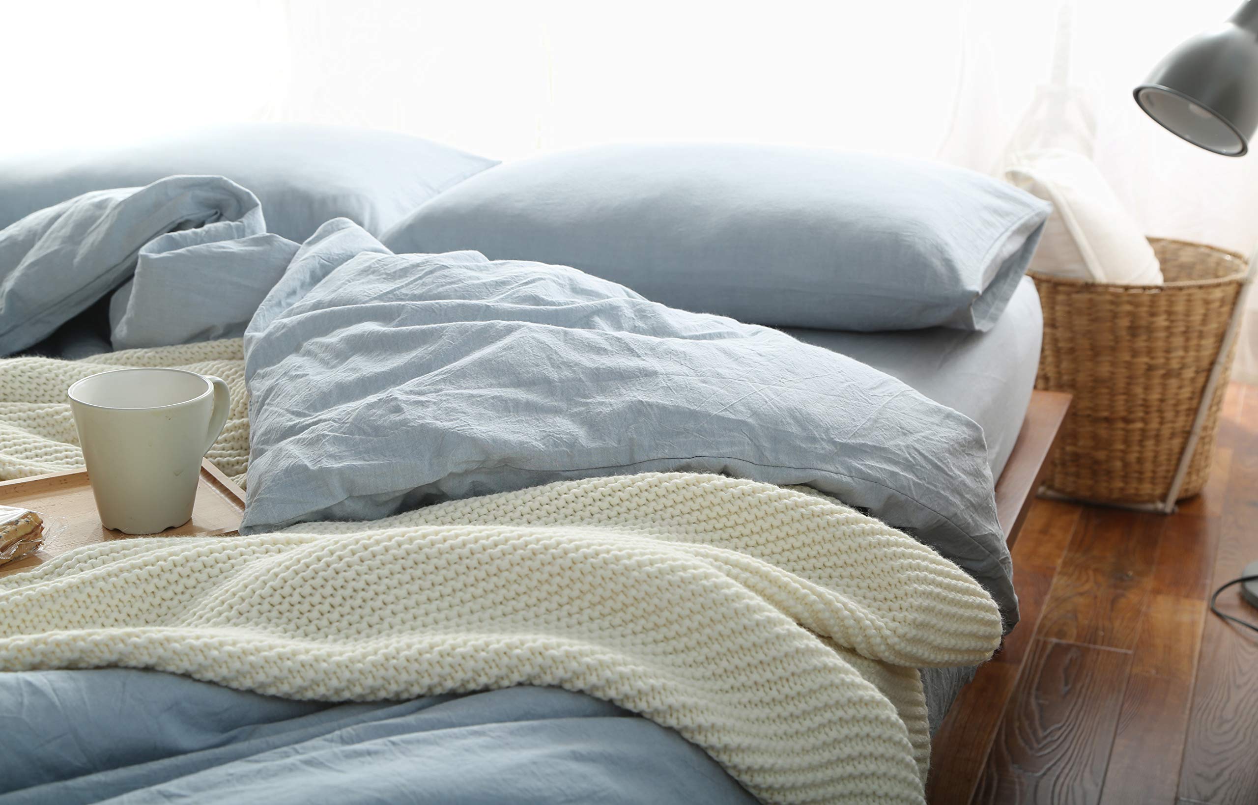 F.Y.Dreams 100% Washed Cotton Duvet Cover For Weighted Blanket 48X72 Inches With 8 Ties, Zipper On Long Side/Light Blue/Just Duv