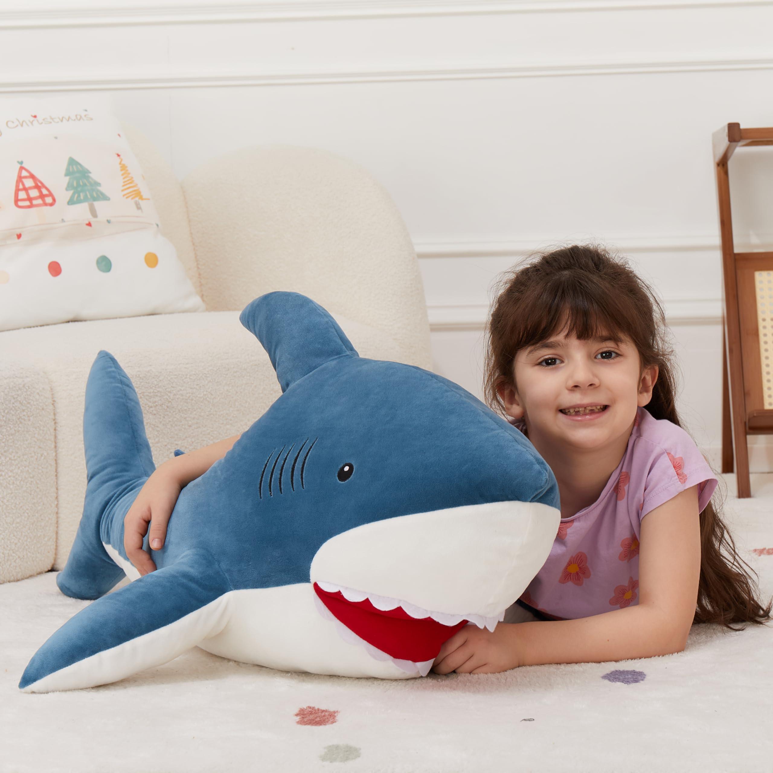 Morismos Giant Shark Stuffed Animal, 39' Large Stuffed Shark Plush, Big Shark Plush Body Pillow Gift For Kids Girlfriend, Blue