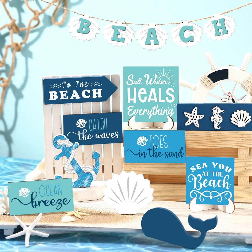15 Pieces Summer Beach Tiered Tray Decor Set Farmhouse Ocean Wood Sign Rustic Beach Tiered Tray Decorations For Outdoor Kitchen