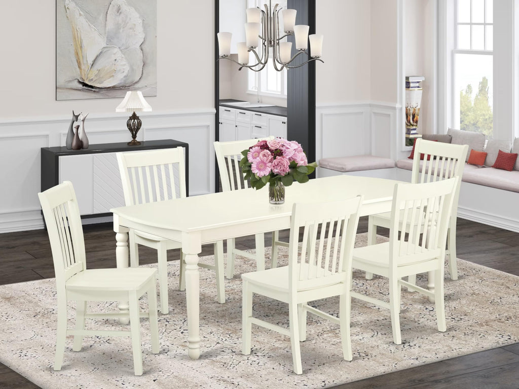 East West Furniture DONO7-LWH-W 7 Piece Dining Set Consist of a Rectangle Dining Room Table with Butterfly Leaf and 6 Wood Seat Chairs, 42x78 Inch, Linen White