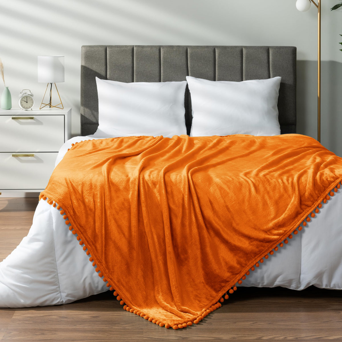 Pavilia Fleece Throw Blanket For Couch With Pom Pom Fringe, Orange Fall, Soft Cozy Fuzzy Flannel Blanket For Sofa Bed, Large Lig