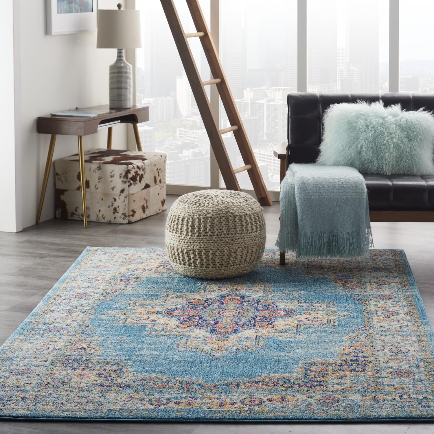Nourison Passion Light Blue 5'3'' X 7'3'' Area-Rug, Boho, Traditional, Easy-Cleaning, Non Shedding, Bed Room, Living Room, Hallw