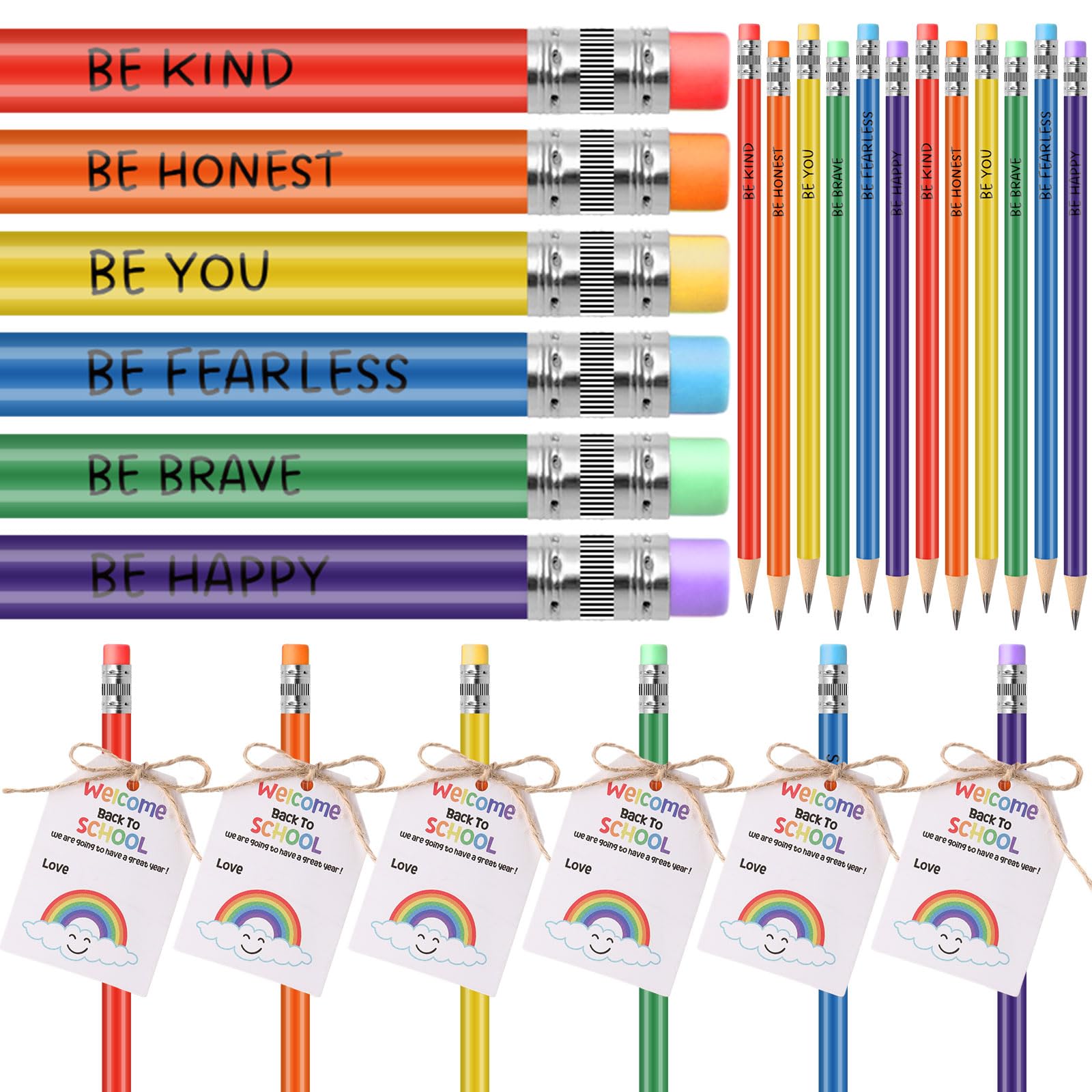 Spakon 24 Sets Back To School Gifts For Students Colorful Welcome Pencils 6 Colors Back To School Pencils Cute Rainbow Gift Card