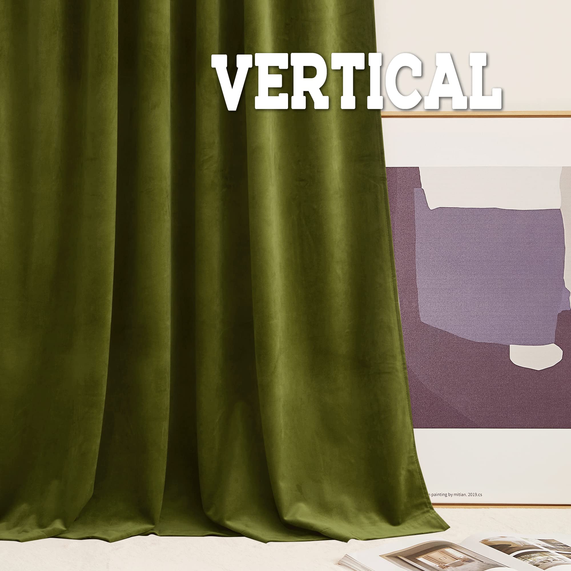 Ryb Home Green Velvet Curtains For Bedroom - Soft Farmhouse Window Decor Room Darkening Thermal Insulating Drapes For Living Room Dining Home Office, Width 62 X Length 96 Inch, Moss Green, 1 Pair