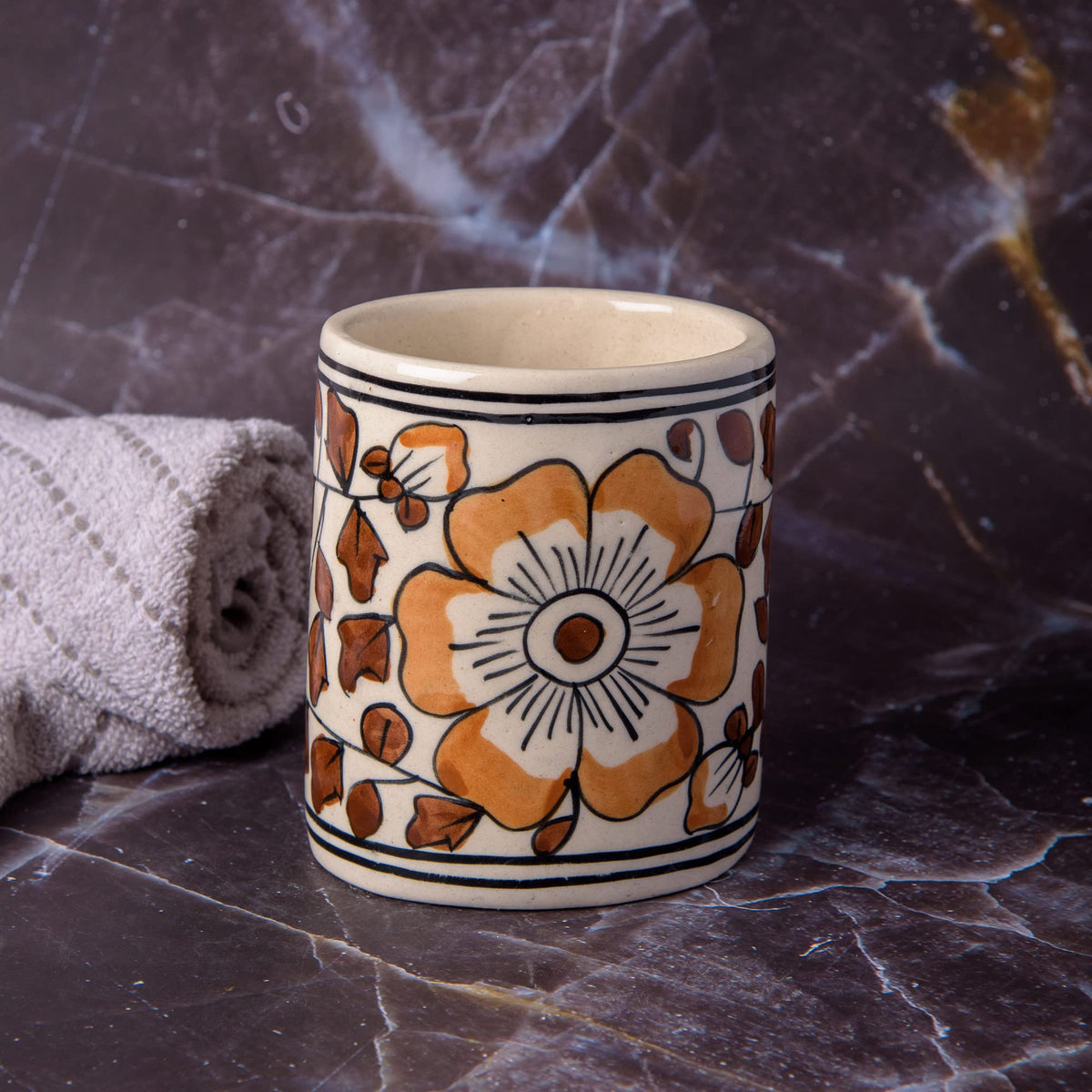 India Meets India Brown Brush Holder Multi Purpose Tumbler Stationery Stand Hand Painted Export Quality