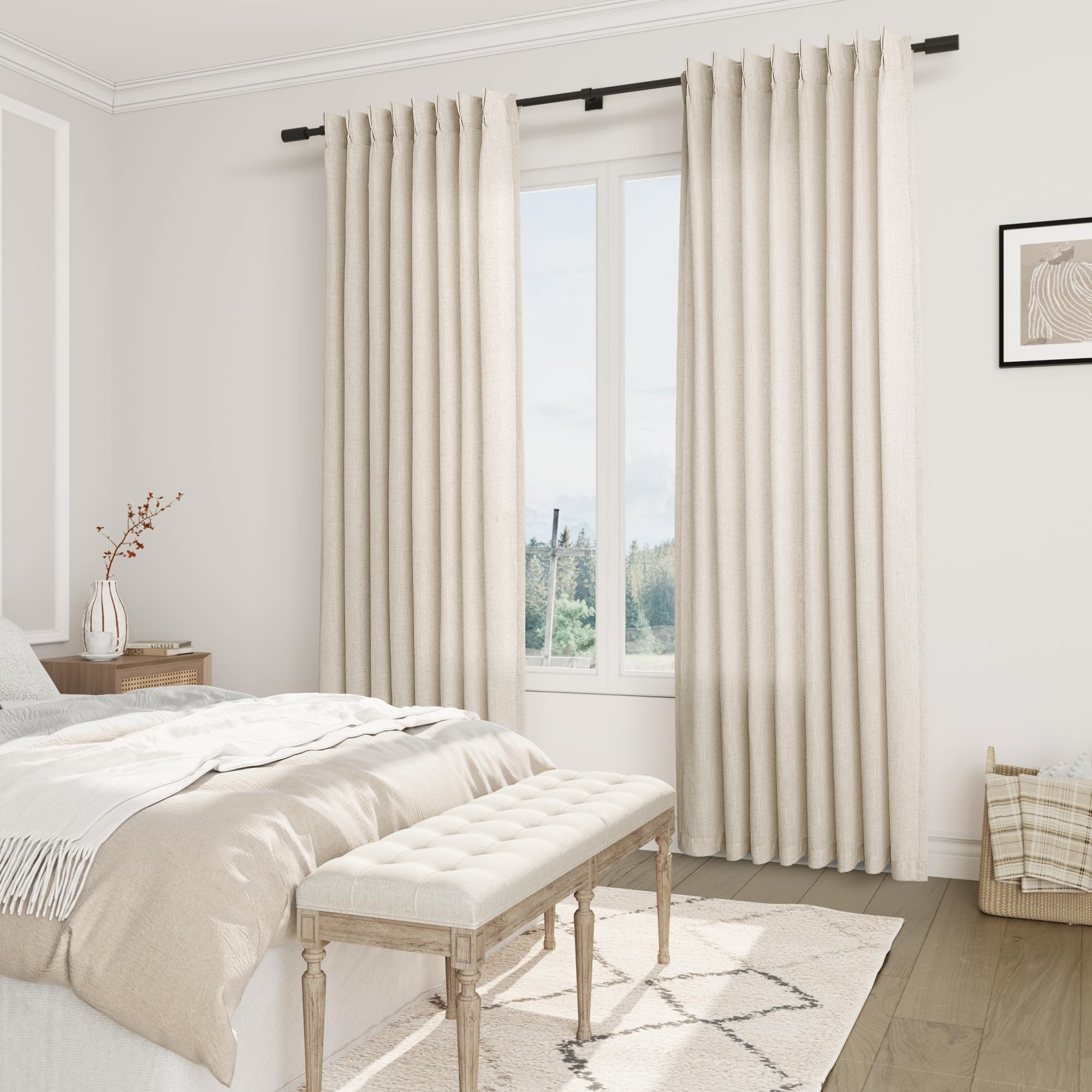 Joywell Linen Pinch Pleated Curtains 100 Inches Long,Back Tab Clip Rings Window Semi Sheer Light Filtering Modern Flax Drapes With Hooks For Bedroom Living Room,W50 X L100,Linen,2 Panels Set