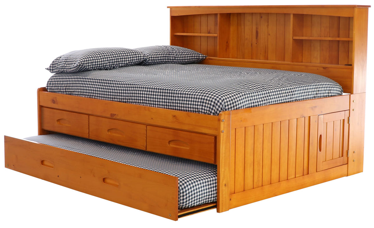 OS Home and Office Furniture Model 82123K3-22, Solid Pine Full Daybed with Three Sturdy Drawers and a Twin Sized Trundle in Warm Honey