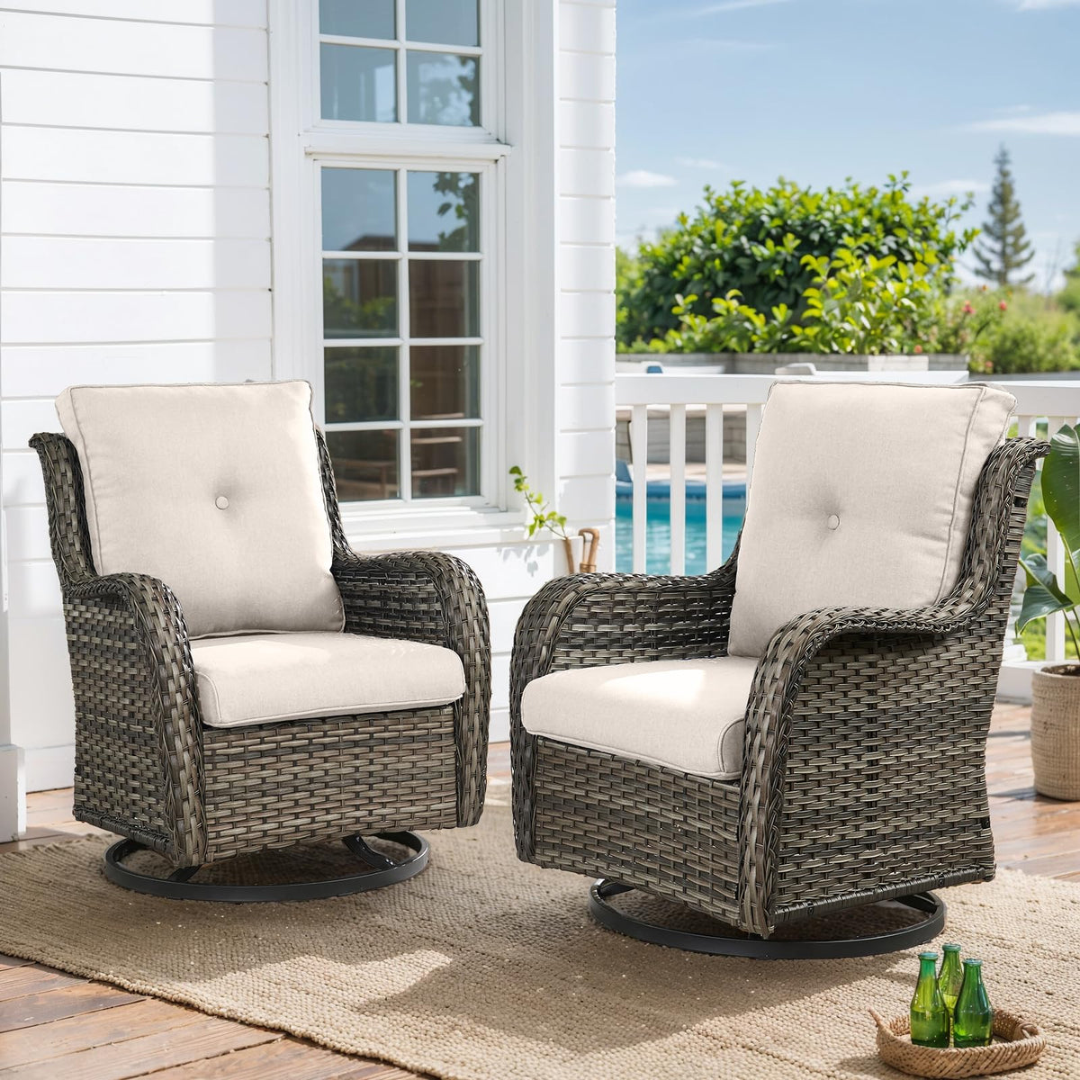 Hummuh Outdoor Swivel Rocker Wicker Patio Chairs Set Of 2, Rattan Rocking Chair Furniture Set (Grey,Beige)