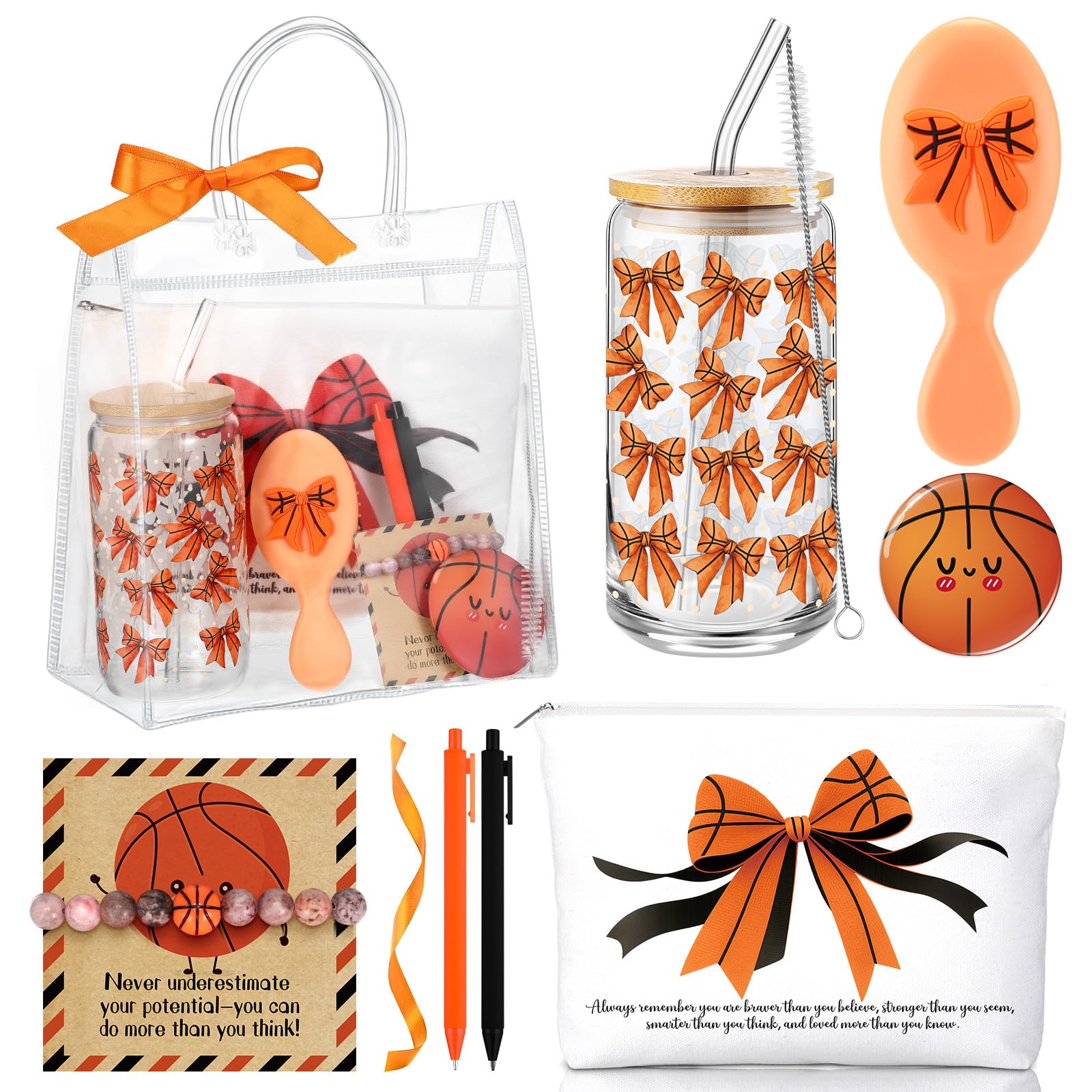 Roshtia 1 Set Basketball Gifts Glass Cup Makeup Bag Bracelet Hair Brush Compact Mirror Ballpoint Pen Card Inspirational Support 