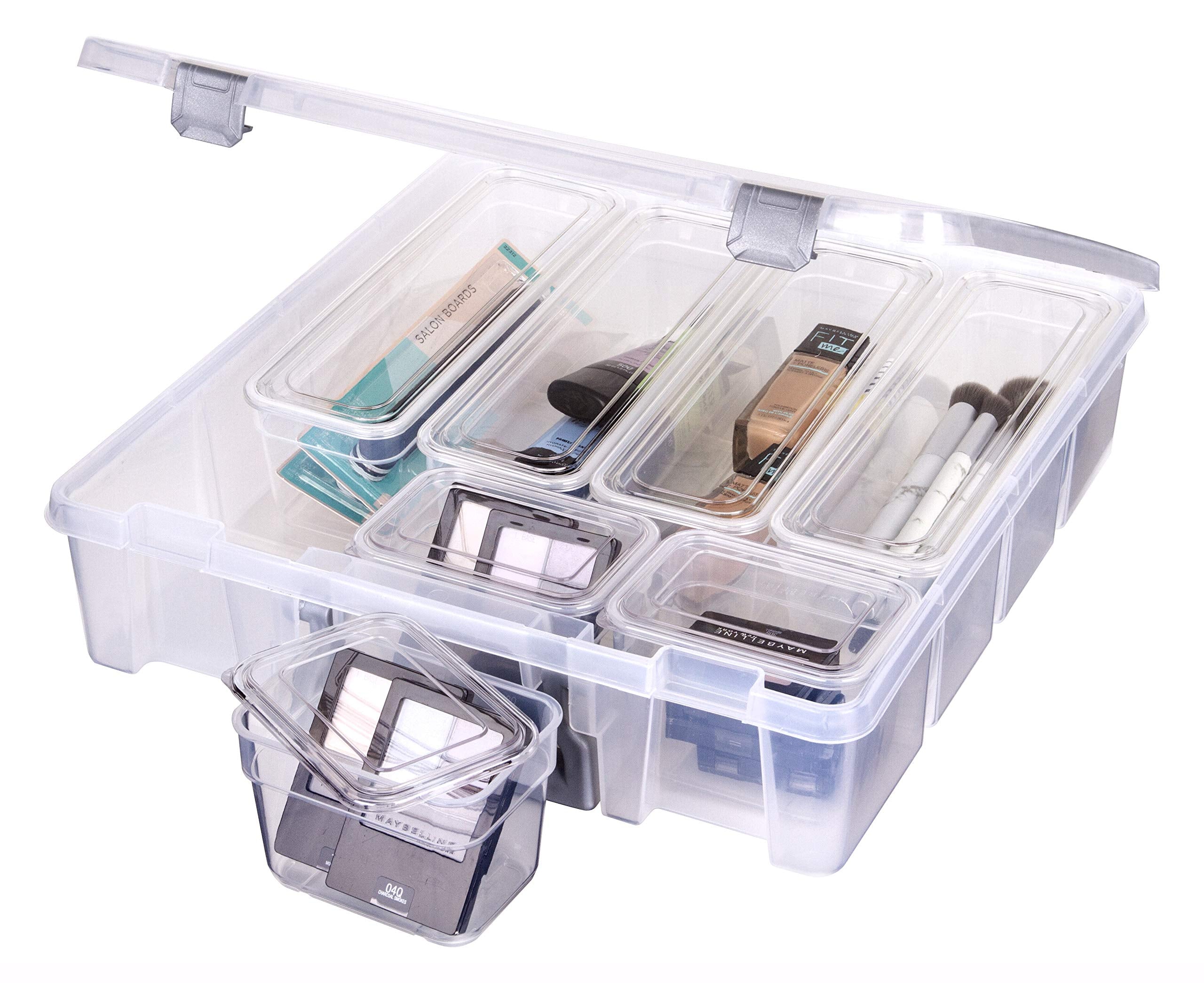 AB Designs 6967ABD Super Satchel with 9 Mixed Bins Inside, Stackable Home Storage Organization Container, Clear with Sliver Latc