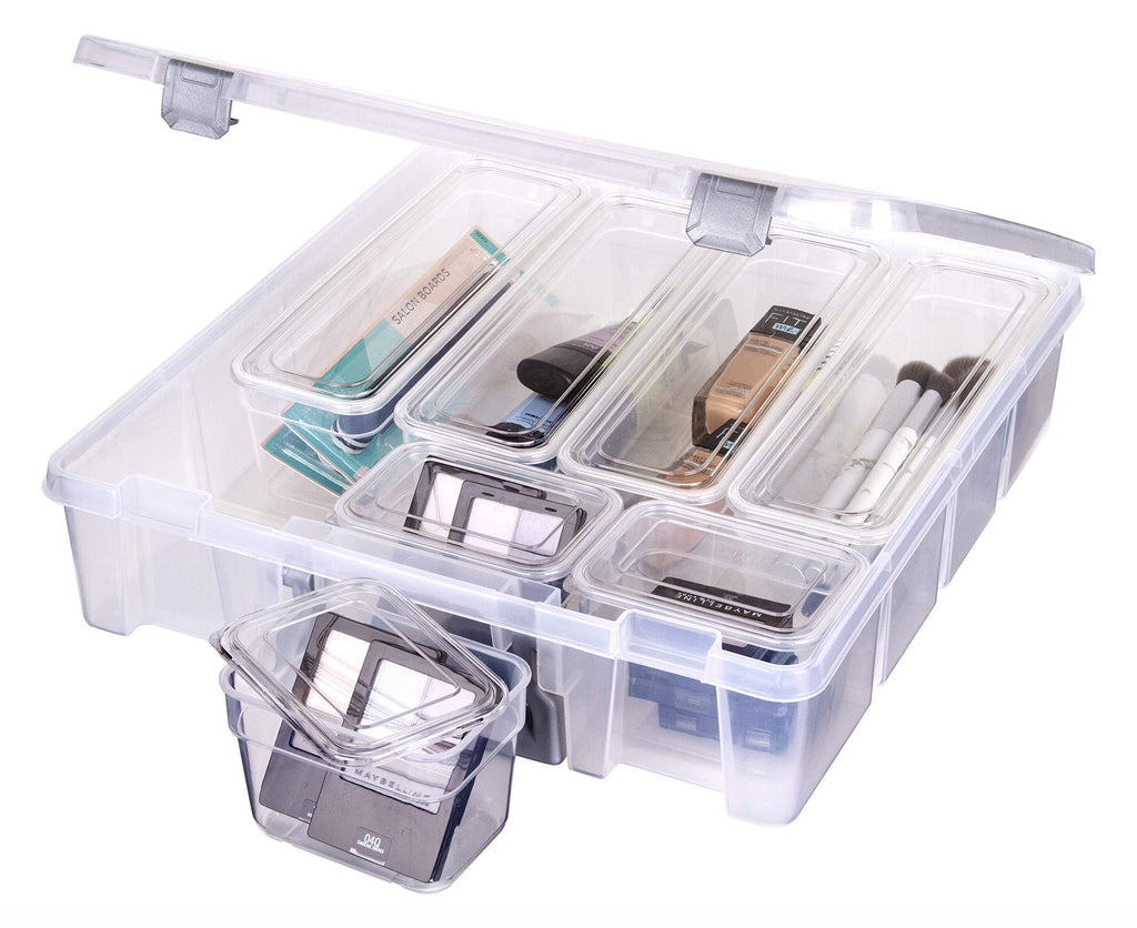 AB Designs 6967ABD Super Satchel with 9 Mixed Bins Inside, Stackable Home Storage Organization Container, Clear with Sliver Latc