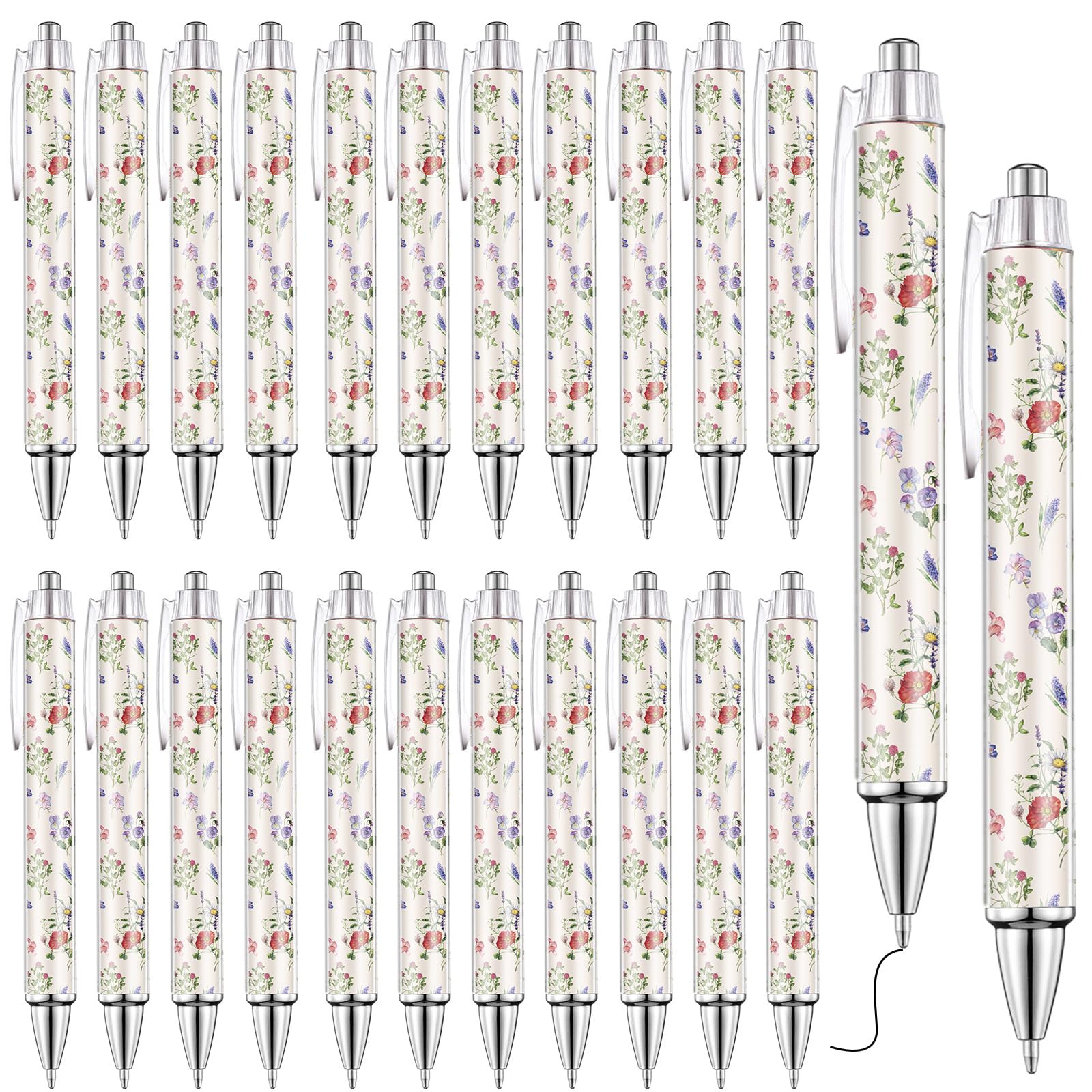 Spakon 32 Pcs Wildflower Ballpoint Pens Floral Art Novelty Gifts for Women 1.00 mm Black Ink Fashionable Retractable Ballpoint P