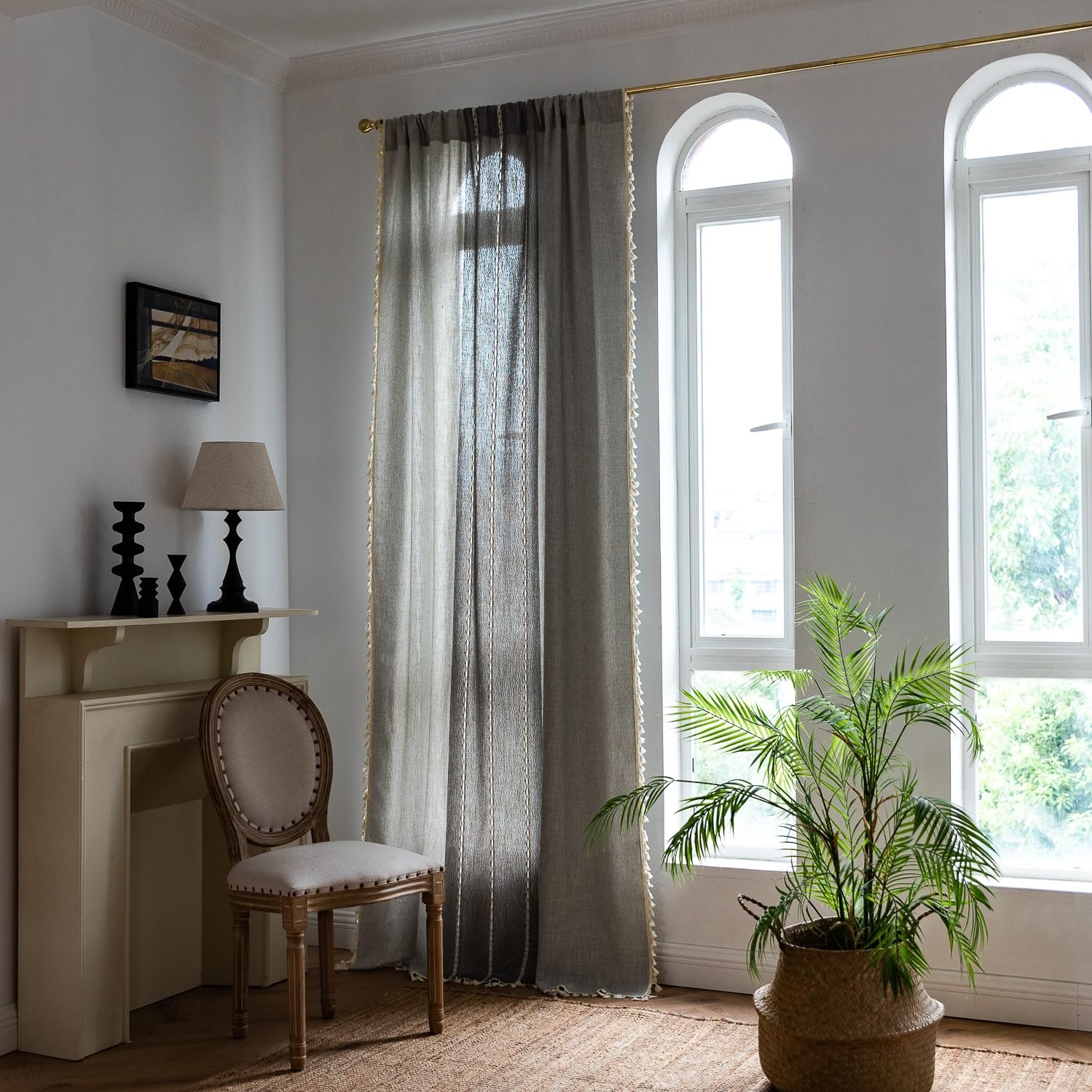 Sutuo Home Boho Curtains For Bedroom Dining Room, Semi Blackout Linen Farmhouse Shabby Chic Tassels Window Treatment Bohemian Embroidery Drape, Rod Pocket 1 Panel 52' W X 84' L, Gray Linen