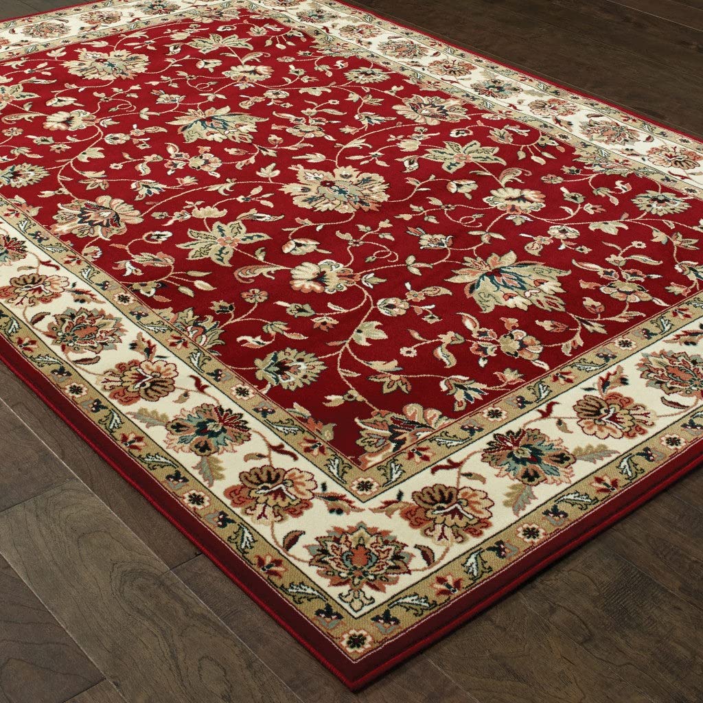 HomeRoots Polypropylene 3' x 6' Red Ivory Machine Woven Floral Oriental Indoor Area Rug