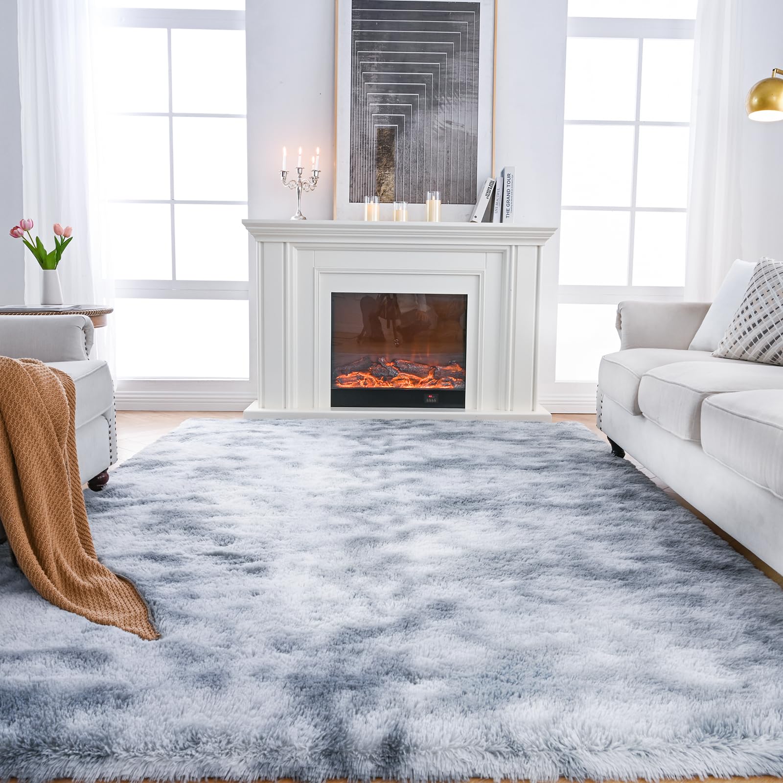 Shag Rugs 8X10 Living Room: Shag Area Rug For Bedroom - Gray Large Fluffy Soft Carpet (Tie-Dyed Light Gray, 8X10 Feet)