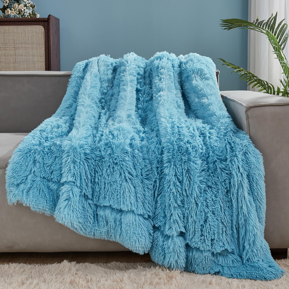 Gonaap Fuzzy Faux Fur Throw Blanket Twin Size Sky Blue Super Soft Cozy Plush Fuzzy Shaggy Blanket For Couch Sofa Bed (Sky Blue,
