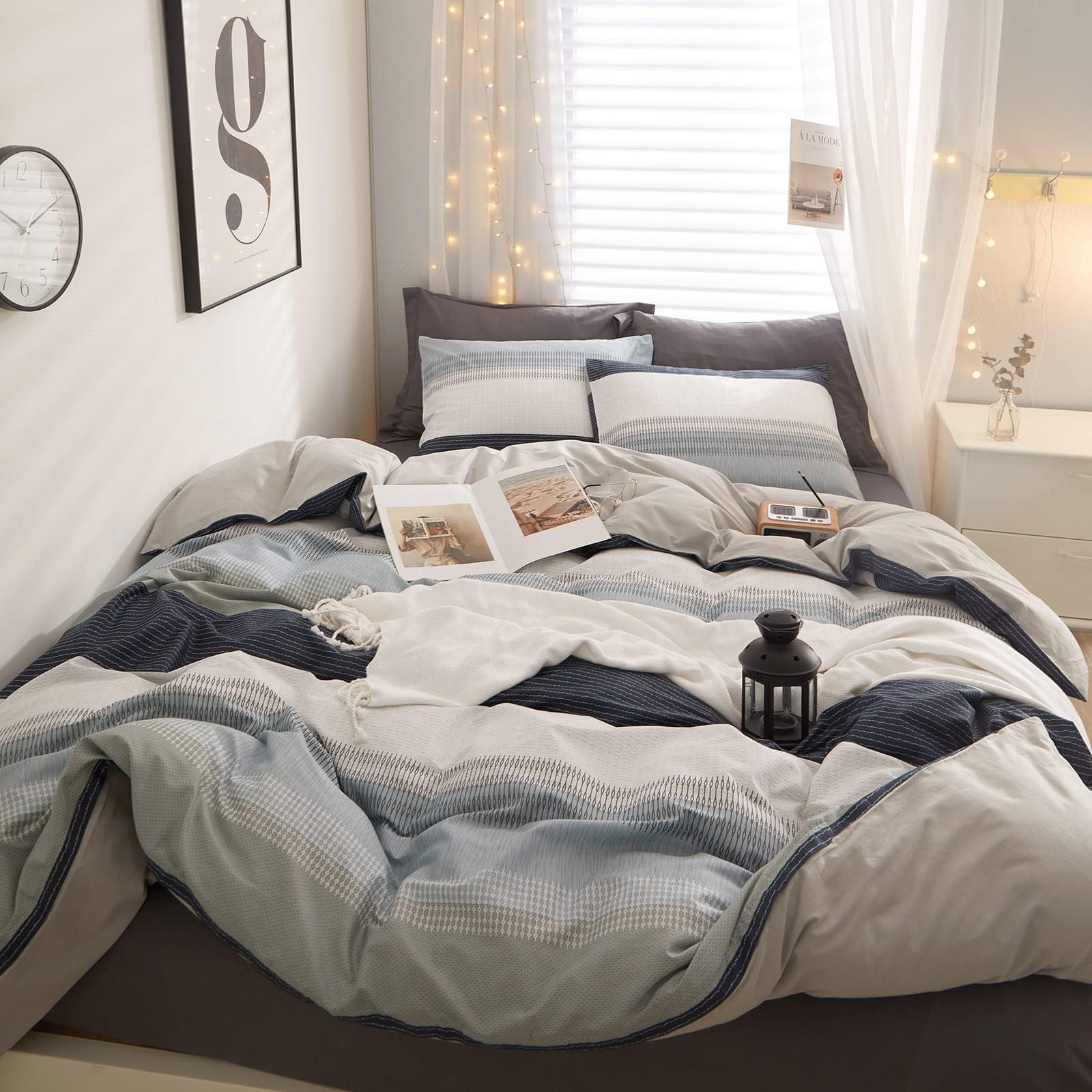 Cotton Striped Duvet Cover King White Grey Blue Striped Bedding Sets 100% Cotton Geometric Striped Comforter Cover 1 King Duvet