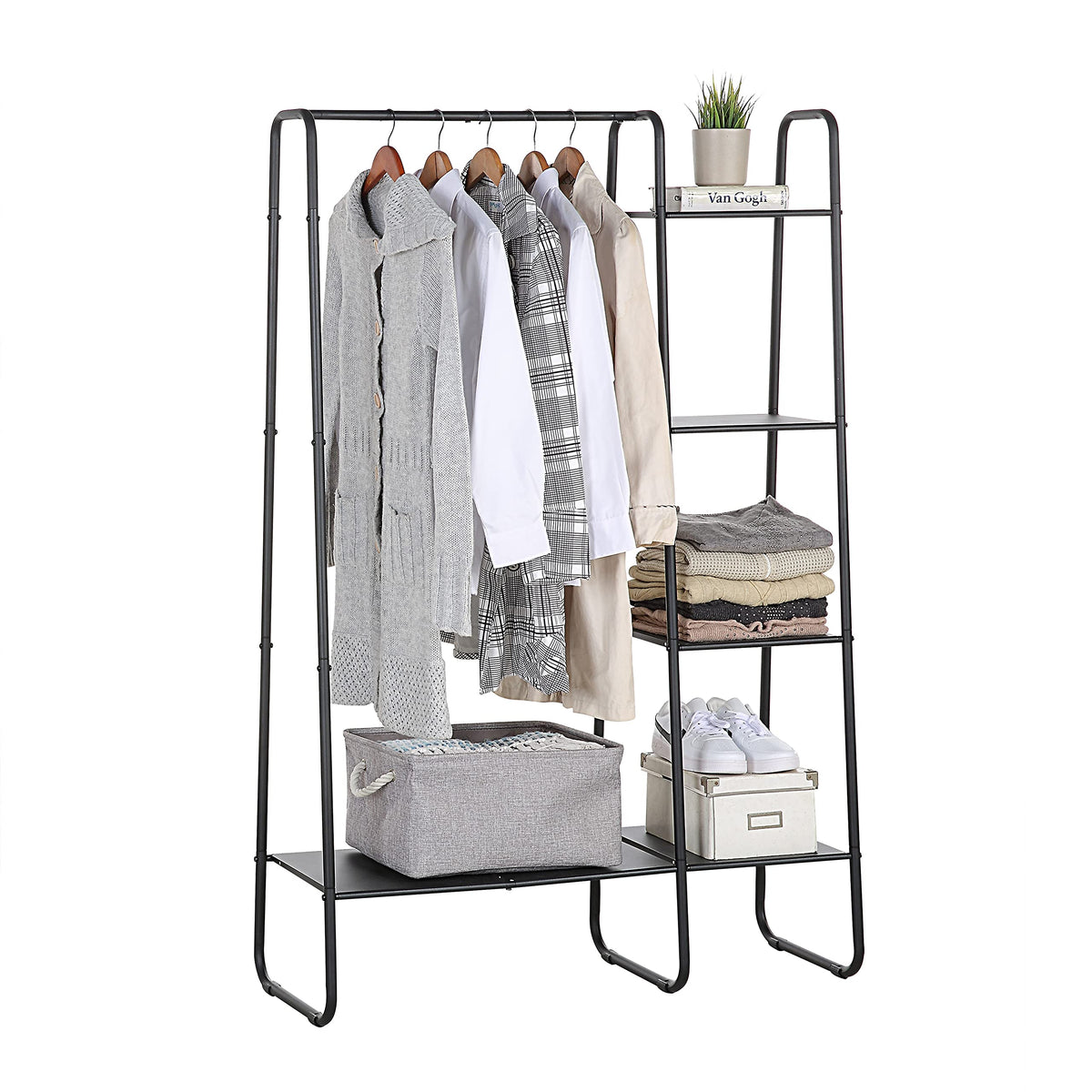 SunnyPoint Open Closet Garment Rack with 4Tier Shelves & Bottom Storage Shelf, Freestanding Open Wardrobe Clothes Rack Organize