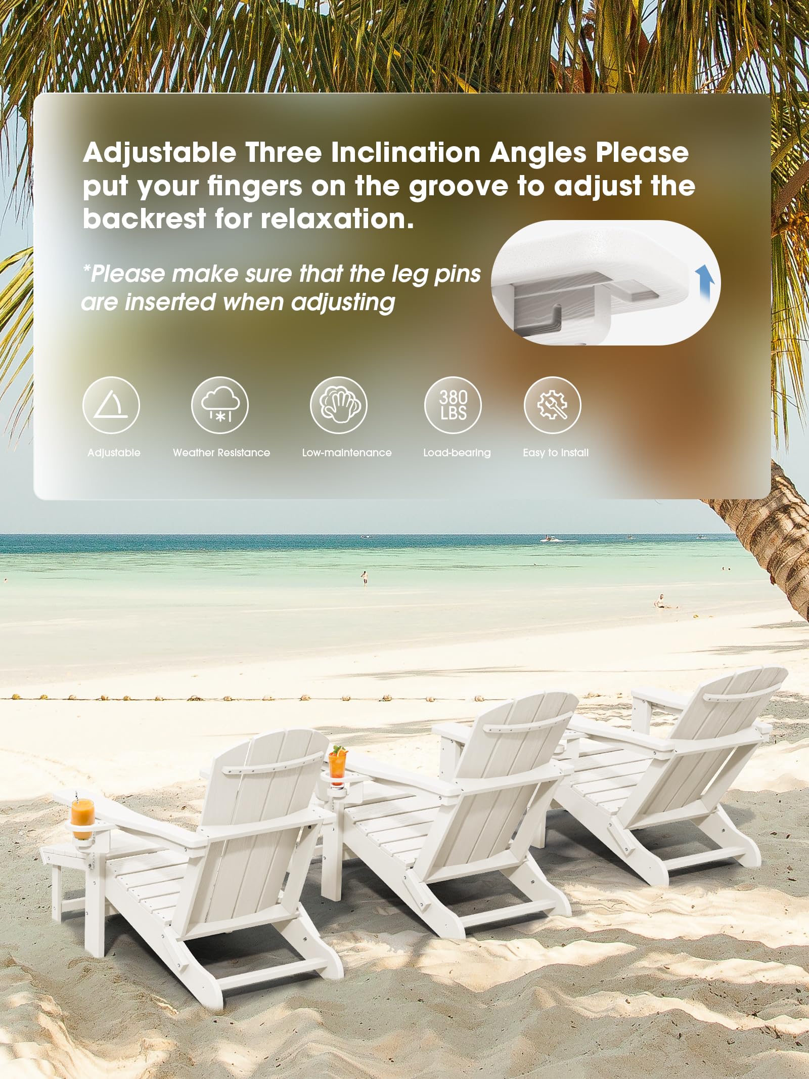 Kingyes Folding Adjustable Adirondack Chair With Retractable Ottoman, White