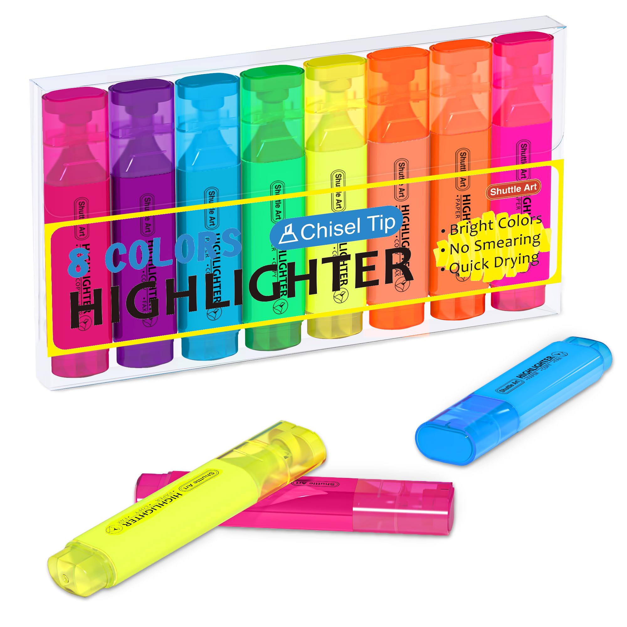 Shuttle Art Highlighters, 8 Assorted Colors Highlighter Pens, Chisel Tip Dry-Quickly Non-Toxic Highlighter Markers For Adults Ki