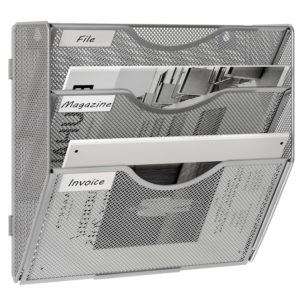 Easypag Metal Mesh Wall File Holder With Labels - Hanging Wall File Organizer 3 Pocket, No Tools Easy Assembly, Office Organizer