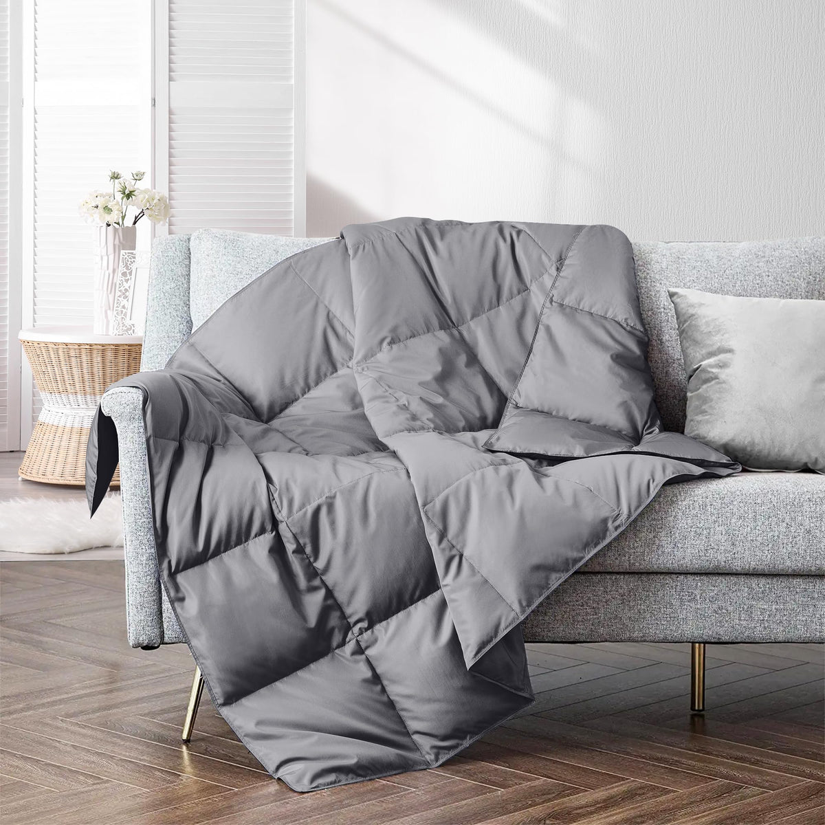 puredown Soft Feather Down Throw Blanket Lightweight Packable Couch Throw for Indoor and Outdoor Use, 50''X70'', Grey