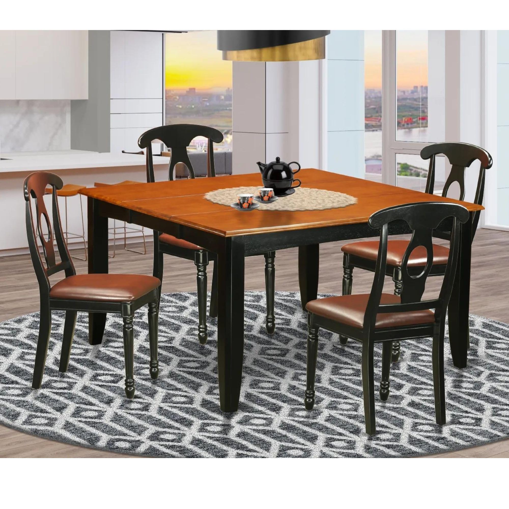 East West Furniture PFKE5-BCH-LC 5 Piece Dinette Set for 4 Includes a Square Dining Room Table with Butterfly Leaf and 4 Faux Leather Upholstered Dining Chairs, 54x54 Inch, Black & Cherry
