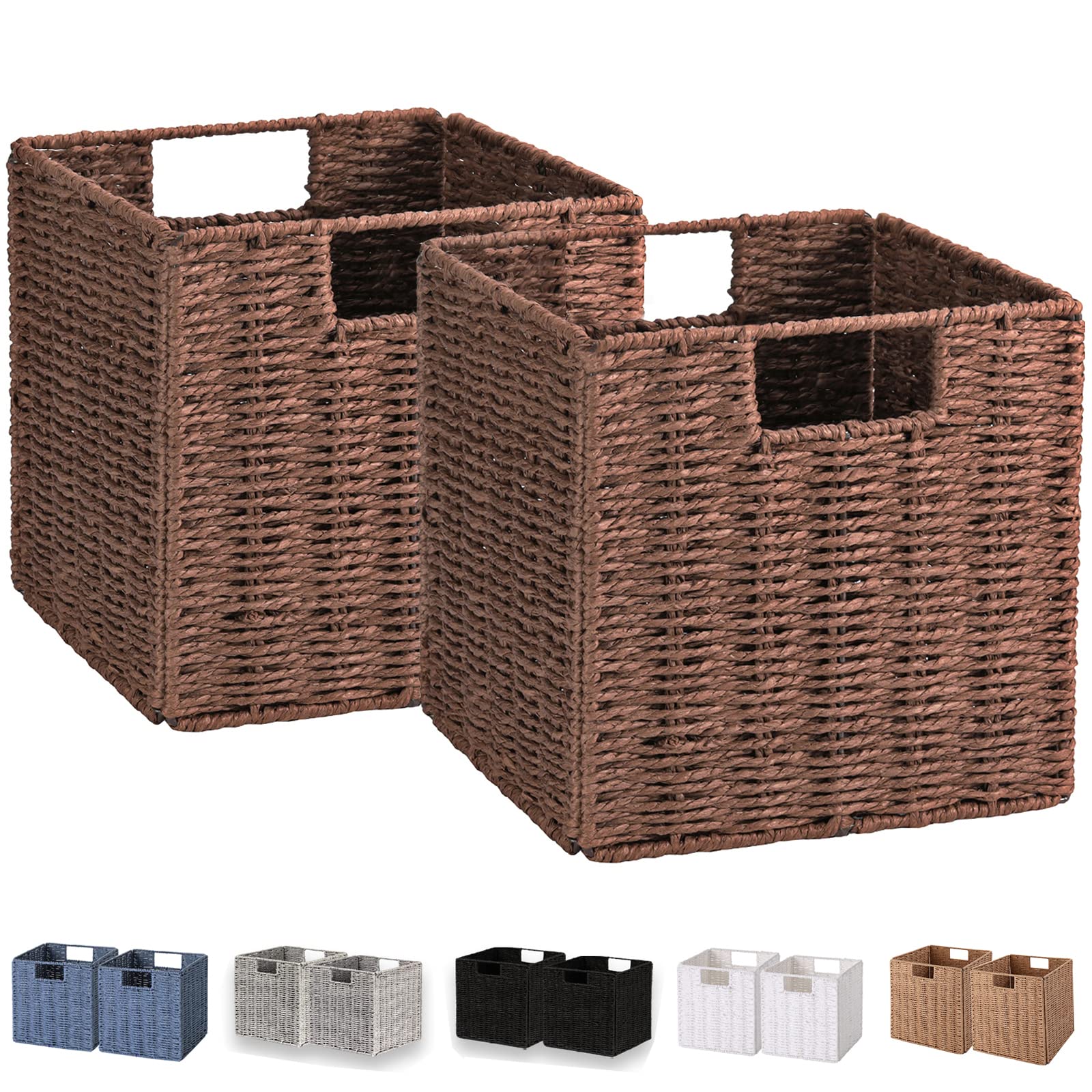 Vagusicc Wicker Storage Basket, Set of 2 Hand-Woven Storage Baskets for Shelves, Foldable Cube Storage Baskets Bins with Handles