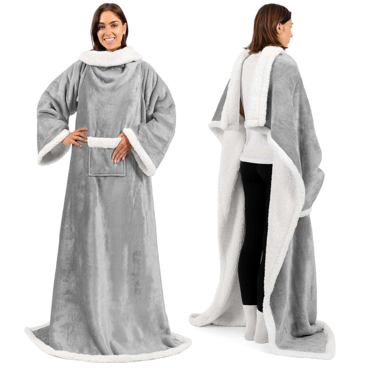 Pavilia Sherpa Fleece Blanket With Sleeves Women Men Adult, Wearable Blanket Warm Soft Plush Thick, Hug Sleep Pod Snuggle Pocket