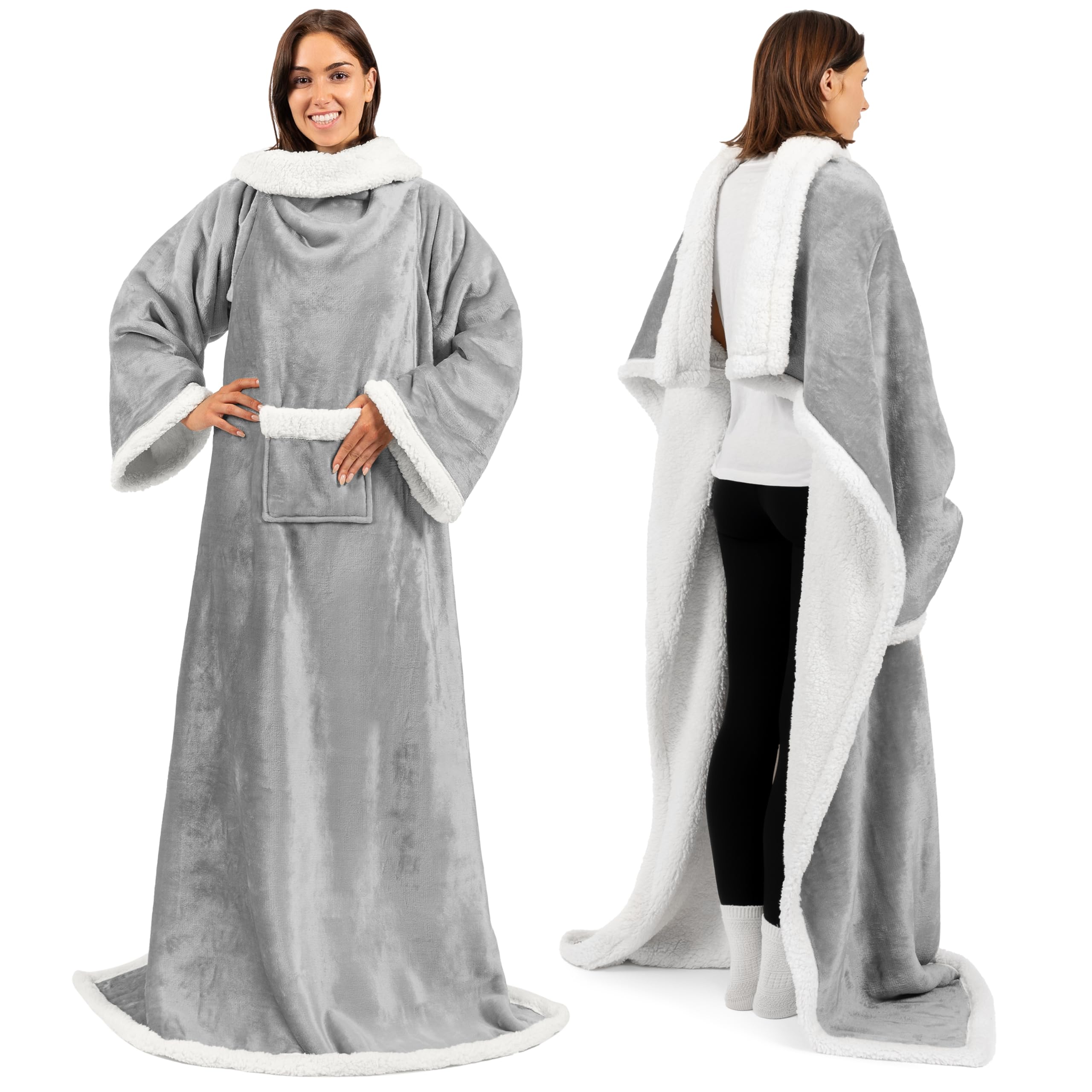 Pavilia Sherpa Fleece Blanket With Sleeves Women Men Adult, Wearable Blanket Warm Soft Plush Thick, Hug Sleep Pod Snuggle Pocket
