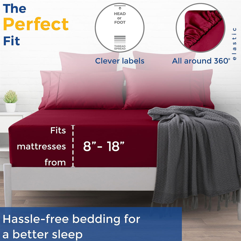 Thread Spread 100% Egyptian Cotton Fitted Sheet Twin Size - 600 Thread Count 16' Deep Pocket Twin Fitted Sheet Only, Cooling Sateen Elastic Bottom Sheet, Fits College Dorm Mattress, Teens - Burgundy