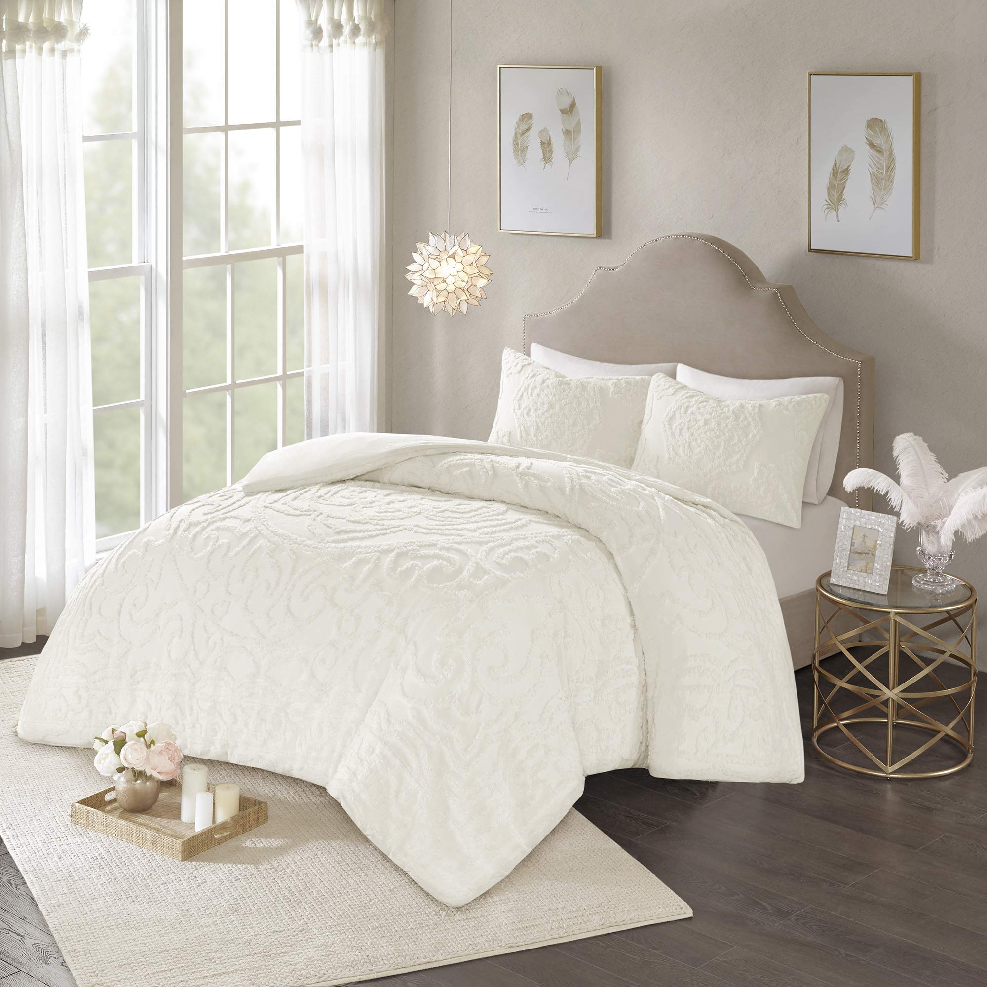 Madison Park Laetitia 100% Cotton Duvet Set - Chenille Tufted Medallion Design, All Season Cozy Bedding Shabby Chic Comforter Cover, Matching Shams, Floral Off White King/Cal King(104'X92') 3 Piece