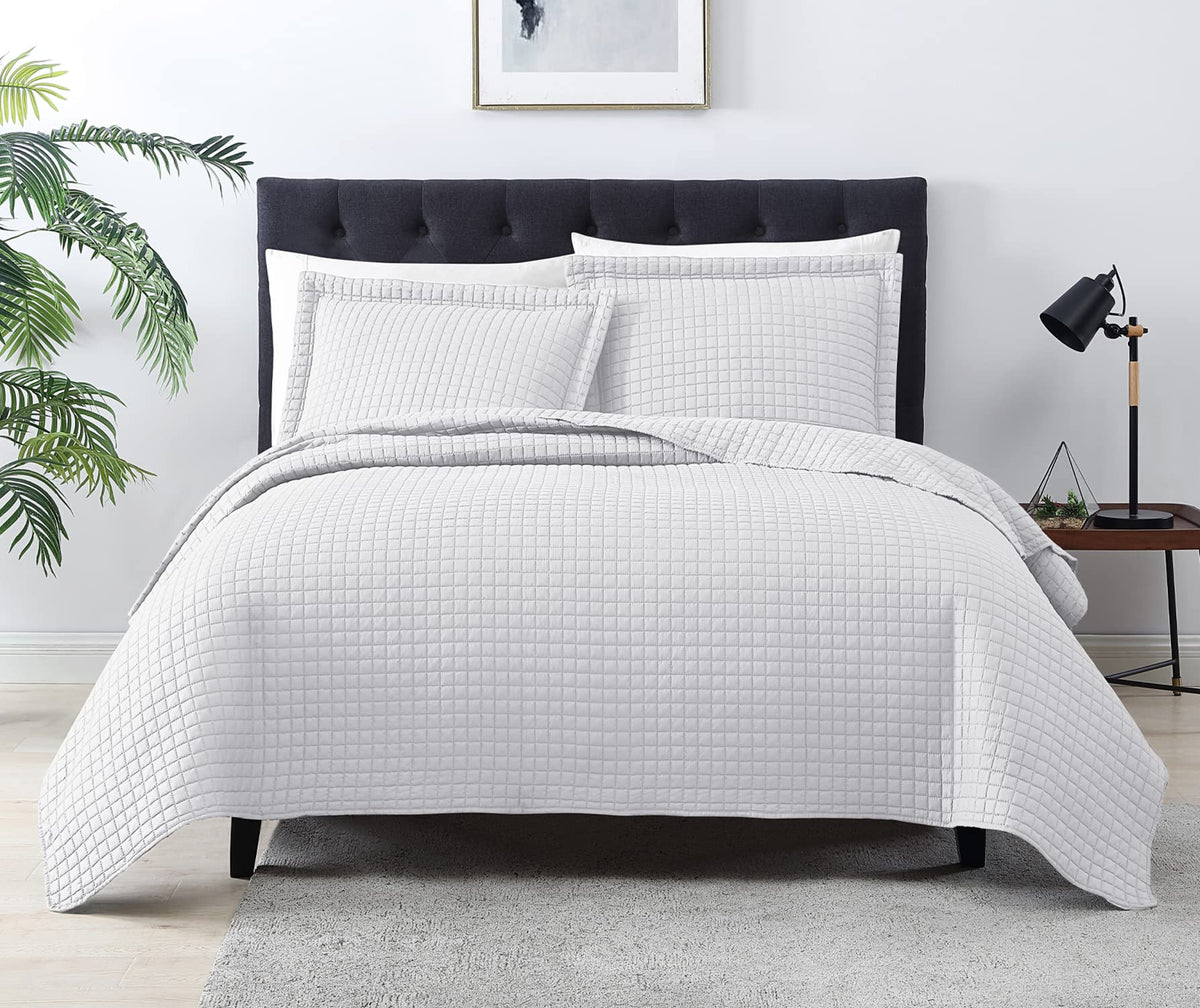 Exq Home Quilt Set Twin Size White 2 Piece,Lightweight Soft Coverlet Modern Style Plaid Pattern Bedspread Set For All Season(1 Q