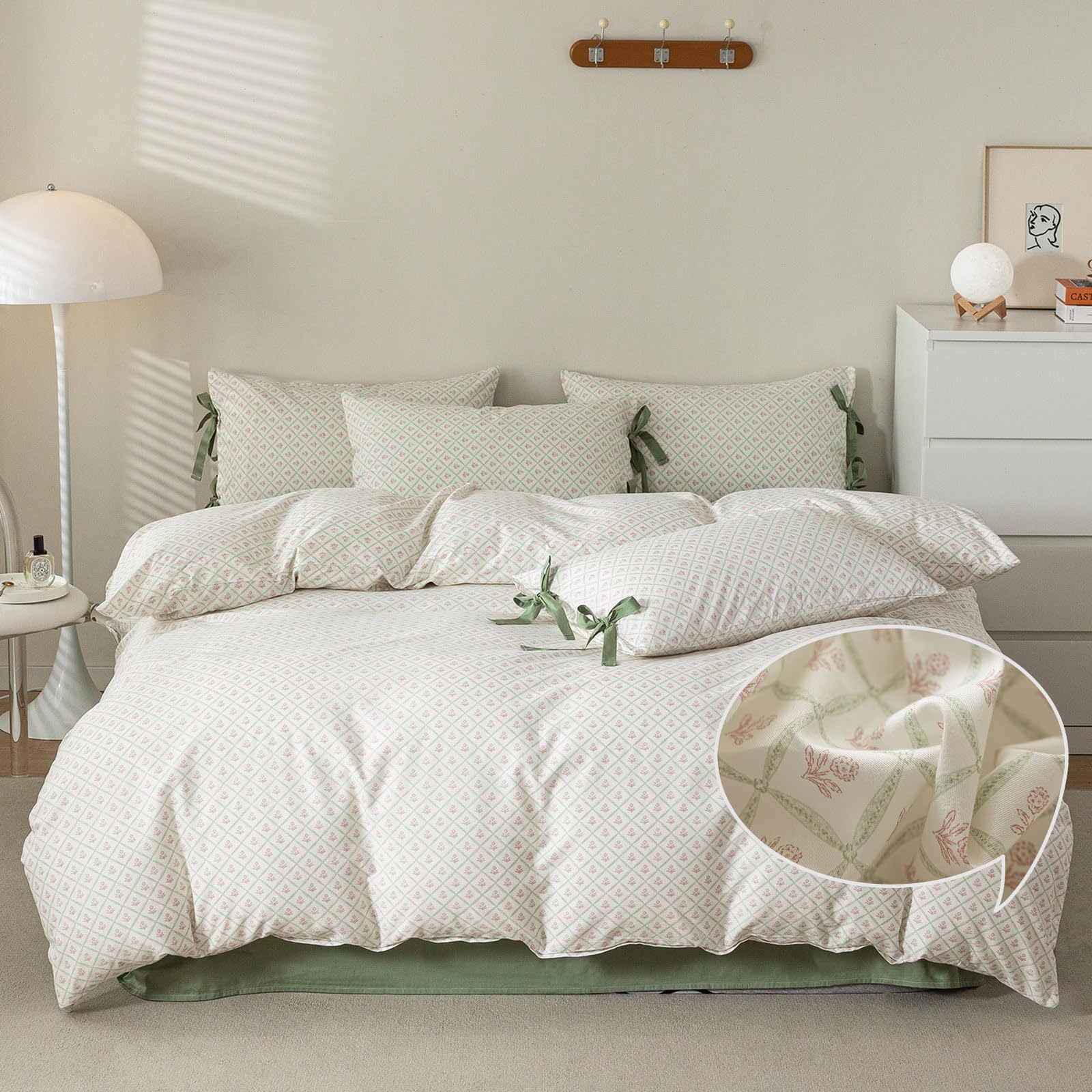 Vm Vougemarket Red Flower Duvet Cover Set Queen Green Grid Duvet Cover With 2 Bow Ties Pillowcases 100% Cotton Vintage Country S