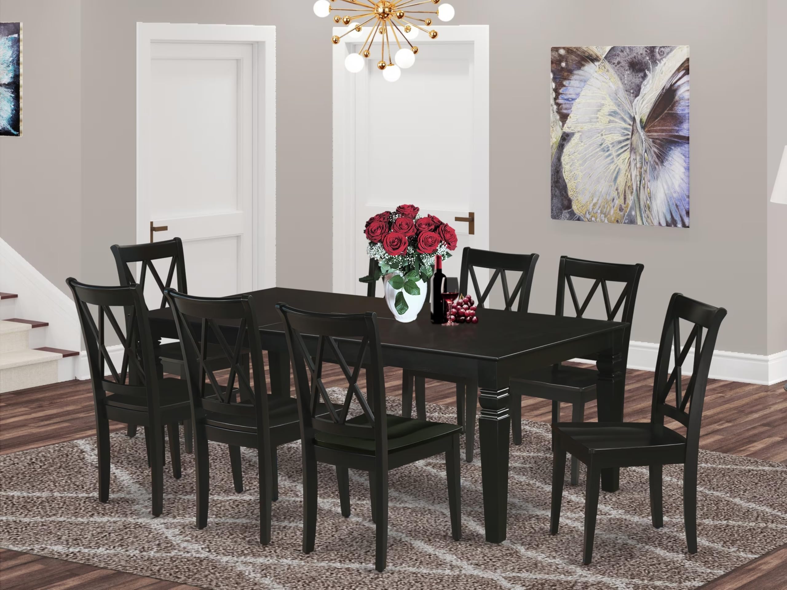 East West Furniture LGCL9-BLK-W 9 Piece Dining Room Table Set Includes a Rectangle Kitchen Table with Butterfly Leaf and 8 Dining Chairs, 42x84 Inch, Black