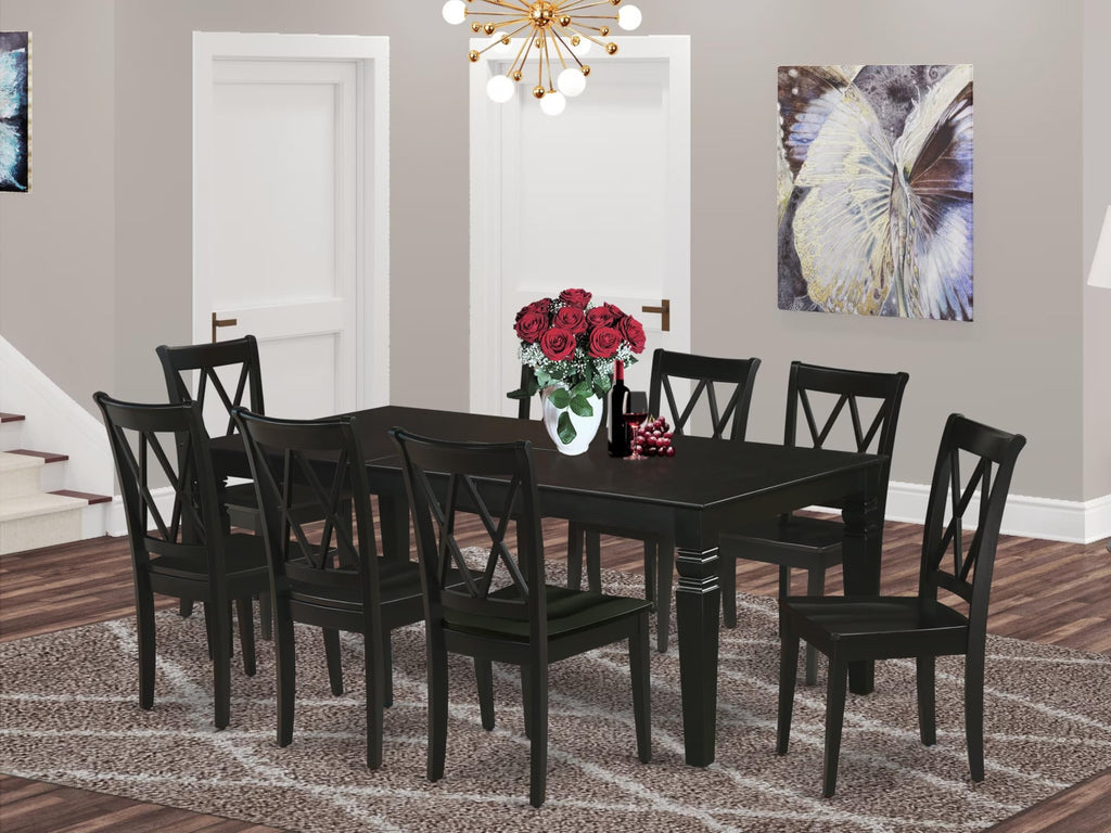 East West Furniture LGCL9-BLK-W 9 Piece Dining Room Table Set Includes a Rectangle Kitchen Table with Butterfly Leaf and 8 Dining Chairs, 42x84 Inch, Black