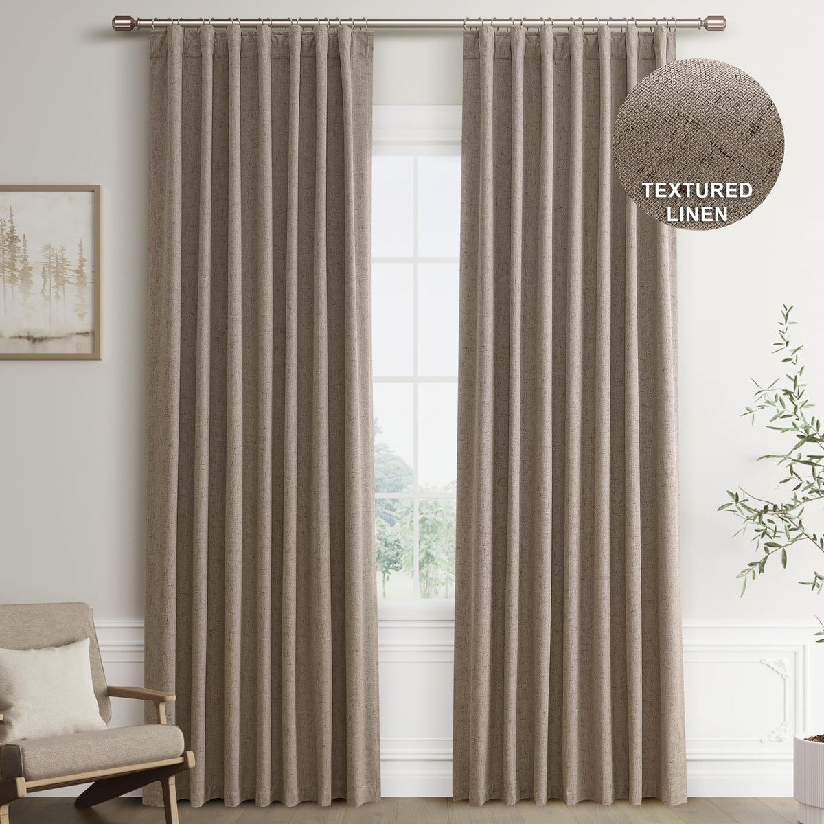 Joywell Light Camel Linen 100% Blackout Curtains 96 Inch Long, Rod Pocket/Back Tab/Hook Belt/Clip Rings,Thermal Insulated Drapes For Bedroom Living Room With Hooks,2 Panels,52 X 96