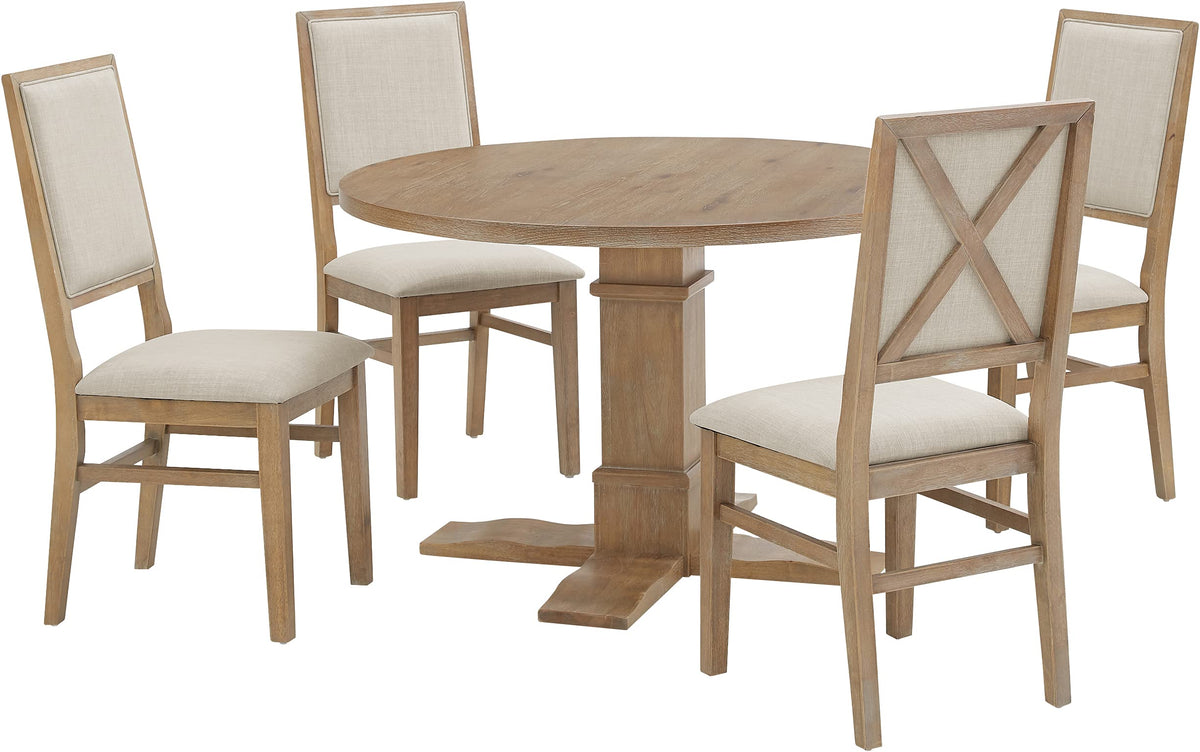 Crosley Furniture Joanna 5-Piece Modern Farmhouse Round Dining Table Set for 4 with Upholstered Chairs, Rustic Brown/Creme