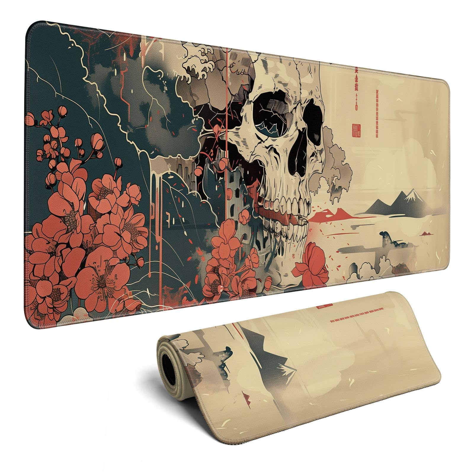 MiaVibte XL Skull Mouse Pad - Japanese Ukiyo-e Design, Non-Slip, Stitched Edges, 31.5x11.8 in, Perfect for Gaming & Office Use