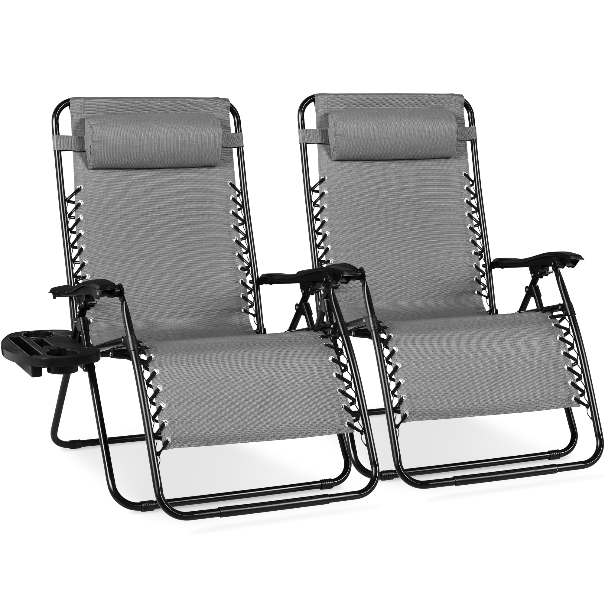 Best Choice Products Set of 2 Extra Wide Adjustable Steel Mesh Zero Gravity Lounge Chair Recliners w/Pillows and Cup Holder Tray
