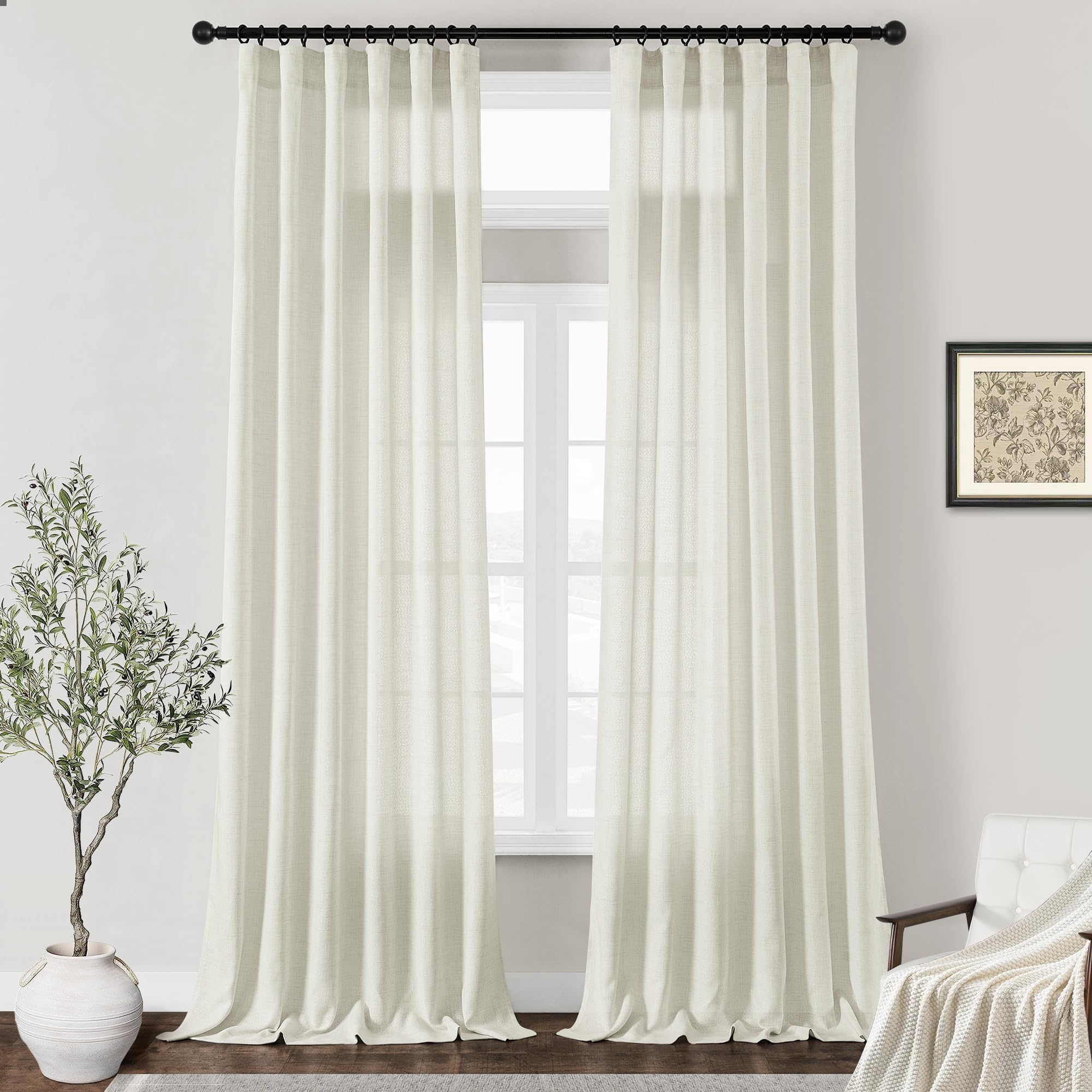 Dukiyo Cream Ivory Linen Curtains 132 Inch Length 2 Panels For High Living Room Semi Sheer Light Filtering Extra Long 132 Inch C