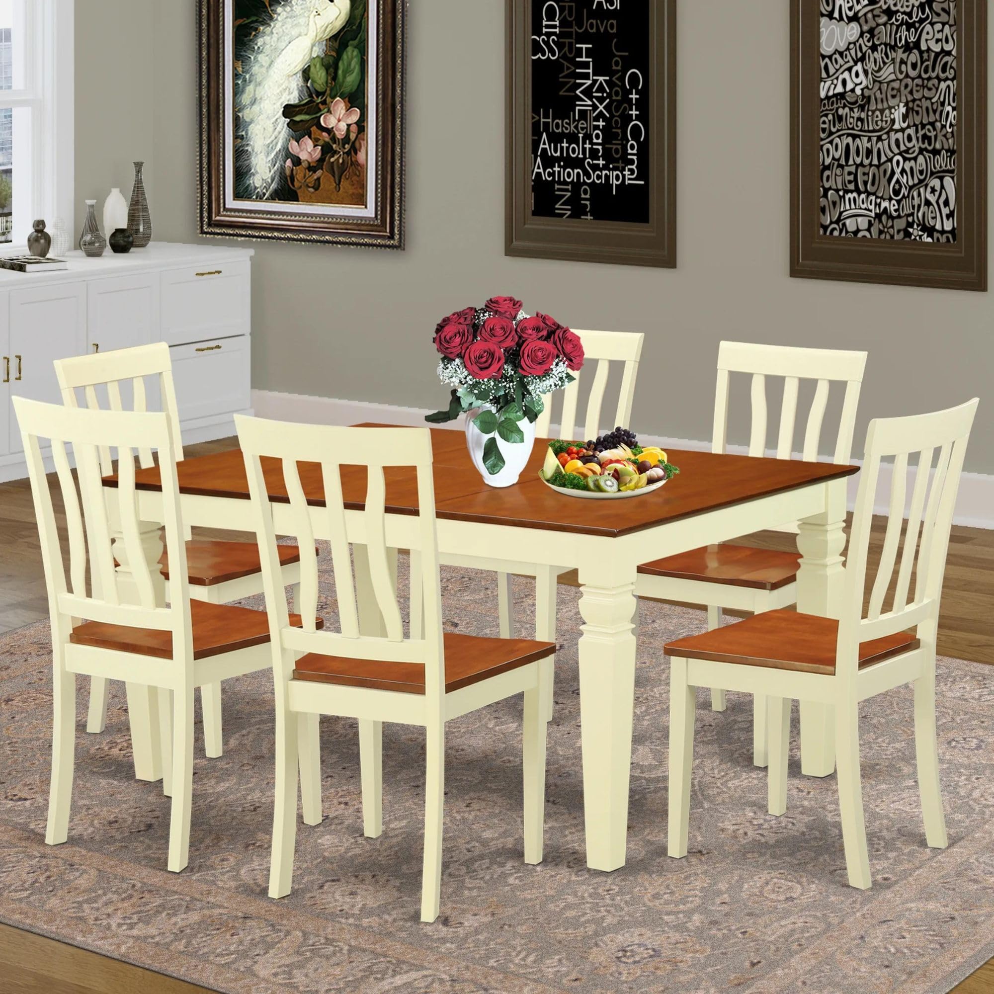 East West Furniture WEAN7-BMK-W 7 Piece Dining Table Set Consist of a Rectangle Dining Room Table with Butterfly Leaf and 6 Wood Seat Chairs, 42x60 Inch, Buttermilk & Cherry