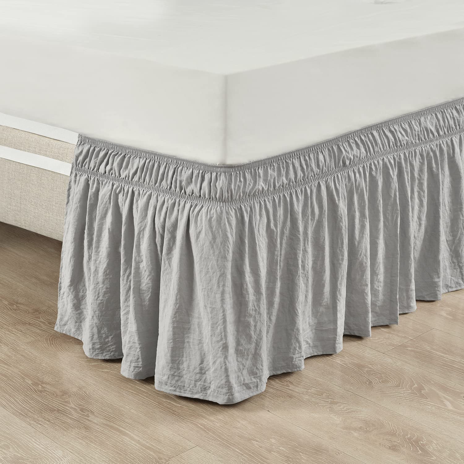 Lush Decor Ruched Ruffle Elastic Easy Wrap Around Bedskirt, Queen/King, Light Gray